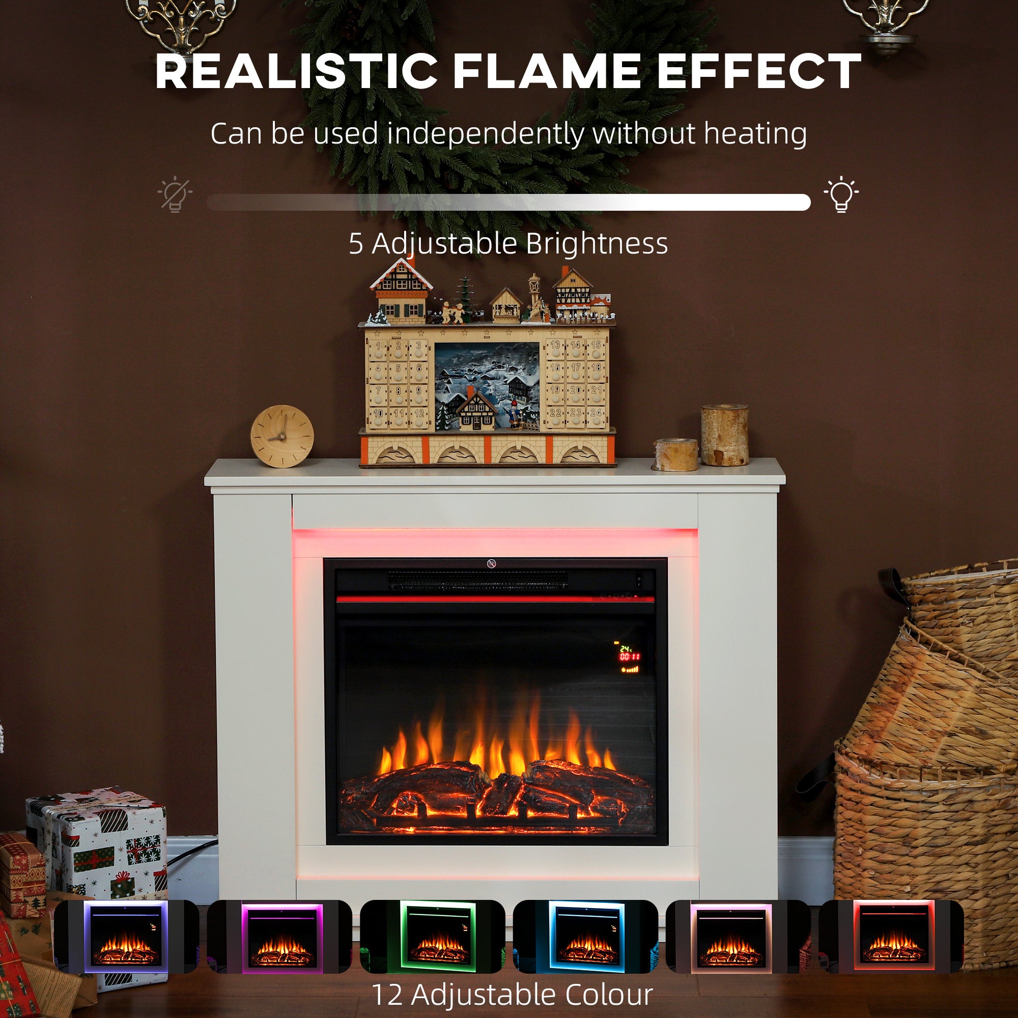Kozy Electric Fireplace with Surround, 32" 2000W Inset Electric Fire and Mantel Reach up to 30 m² with 12 Colours Realistic Flame Effect & 5 Brightness, Remote & Timer for Living Room, White