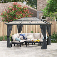 Outsunny 3 x 3.6m Hardtop Gazebo w/ UV Resistant Polycarbonate Roof & Aluminium Frame, Garden Pavilion with Mosquito Netting and Curtains | Aosom UK