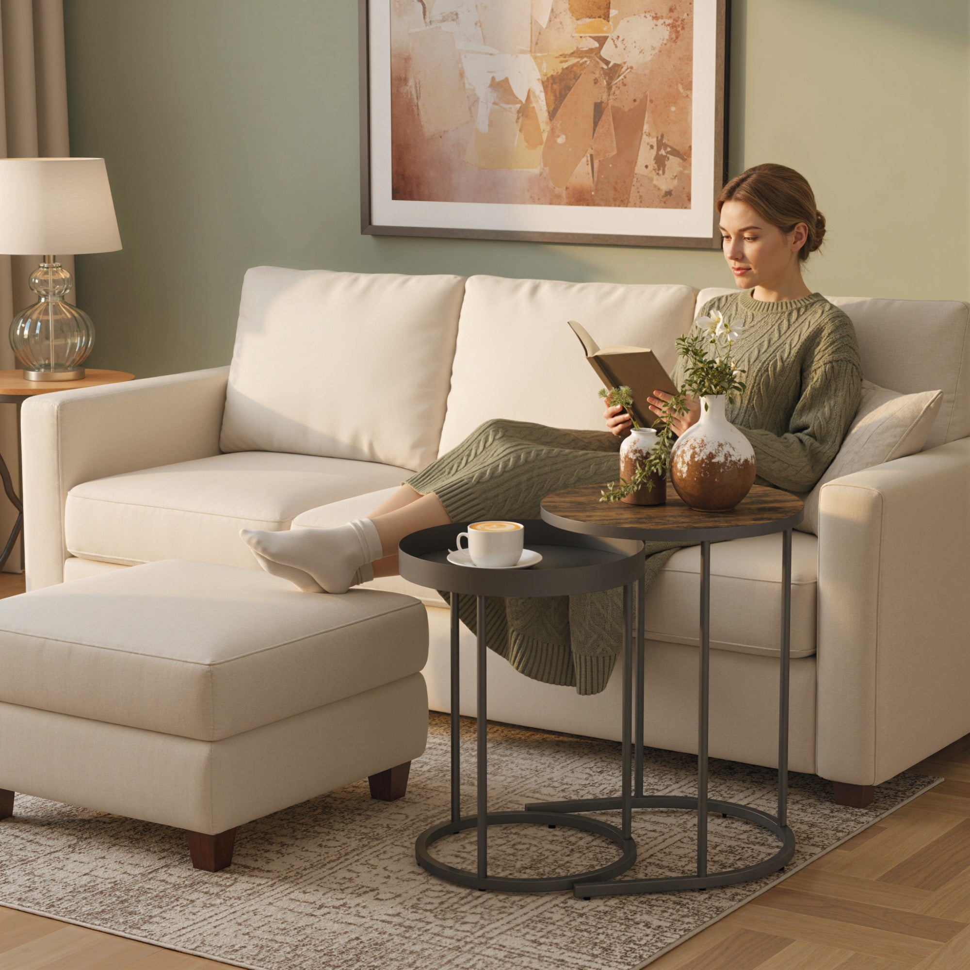 Kozy Round Nesting Side Table Set of 2 - Rustic Brown