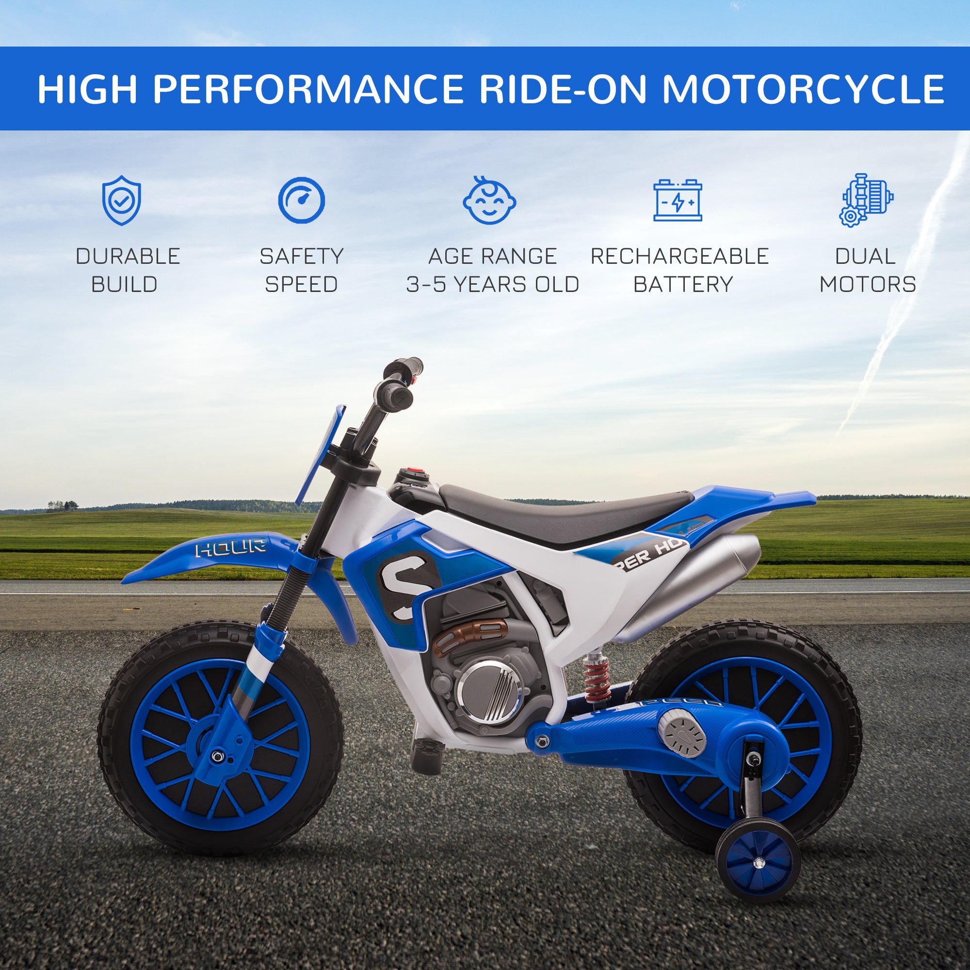 Kozy 12V Kids Electric Motorcycle Ride-On, with Training Wheels, for Ages 3-6 Years - Blue
