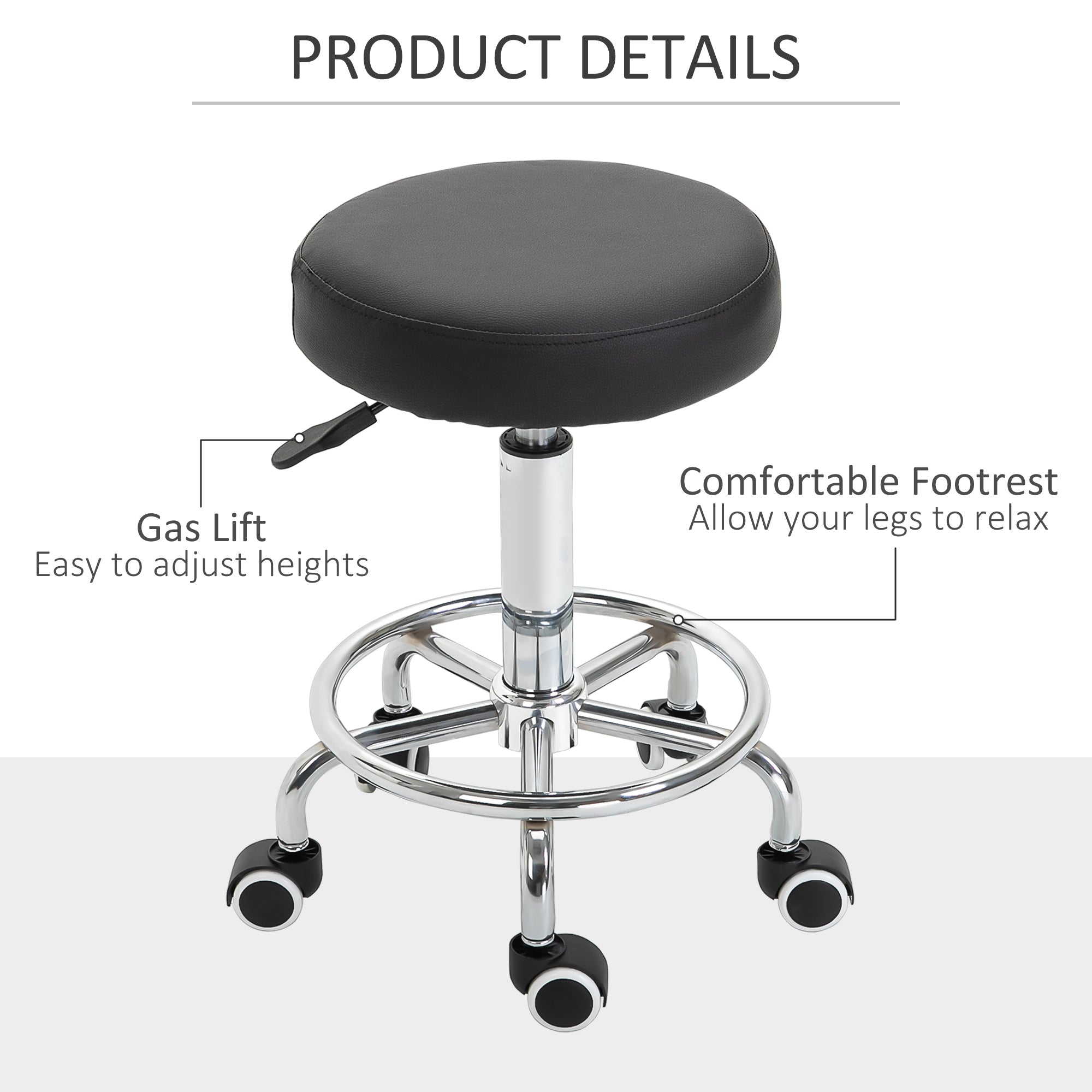 Kozy Round Rolling Stool, PU Leather Height Adjustable Stool Chair with Wheels and Swivel Seat for Salon, Massage, Spa, Home Kitchen, Black
