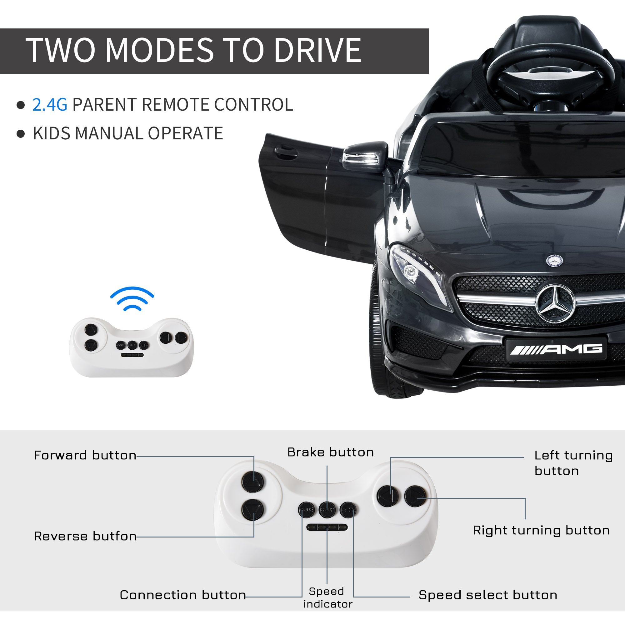 HOMCOM Kids Ride On Car Mercedes Benz GLA Licensed, 6V Battery Powered with Headlight, Music, Remote Control, High/Low Speed, Black