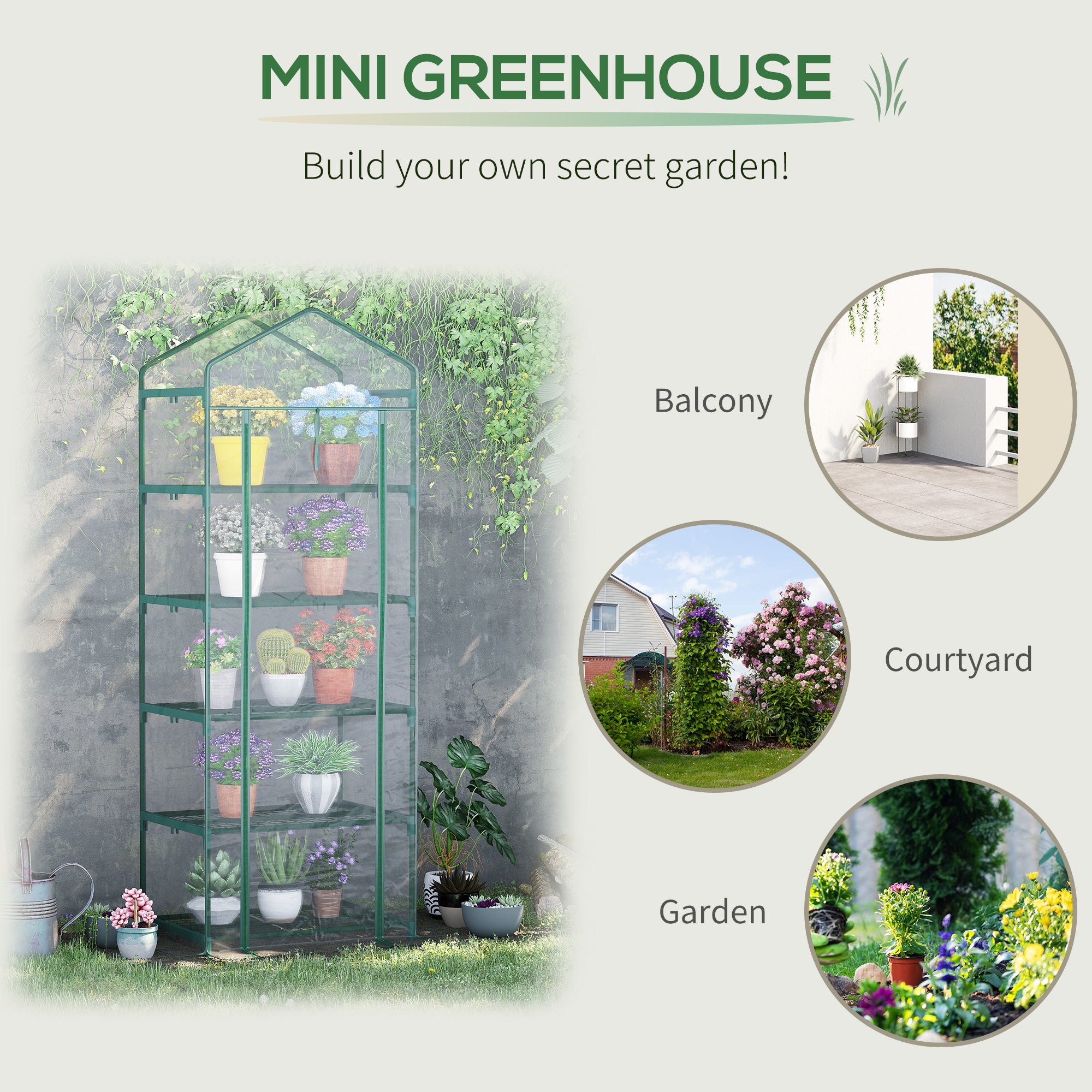 Kozy 5 Tier Mini Greenhouse, Small Walk-in Greenhouse with Reinforced Plastic Cover, Garden Grow House with Roll Up Door and Shelves, 69 x 49 x 193cm, Green