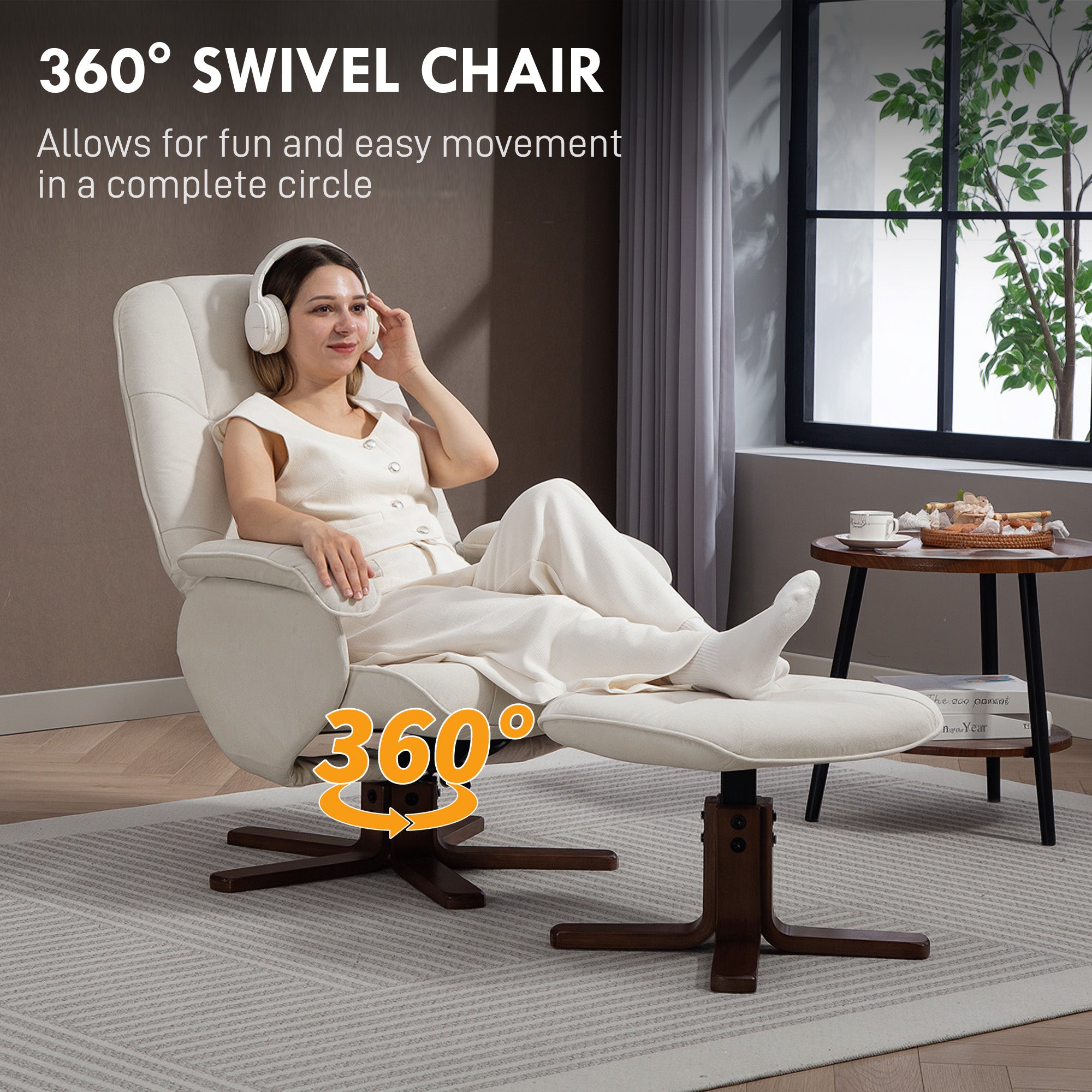 Kozy - Linen Swivel Recliner Chair with Footstool, Upholstered Reclining Armchair with Wooden Base for Living Room, Beige
