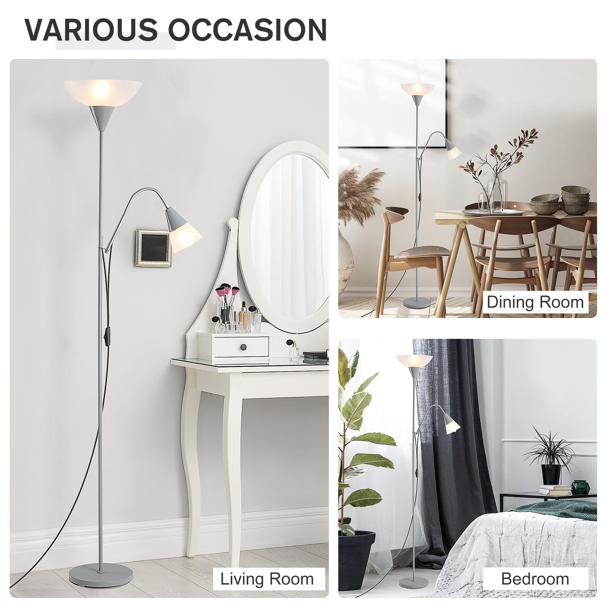 HOMCOM Modern Floor Reading Lamp 2 Adjustable Heads Light Steel Base Living Room Bedroom Office, 179.5cm