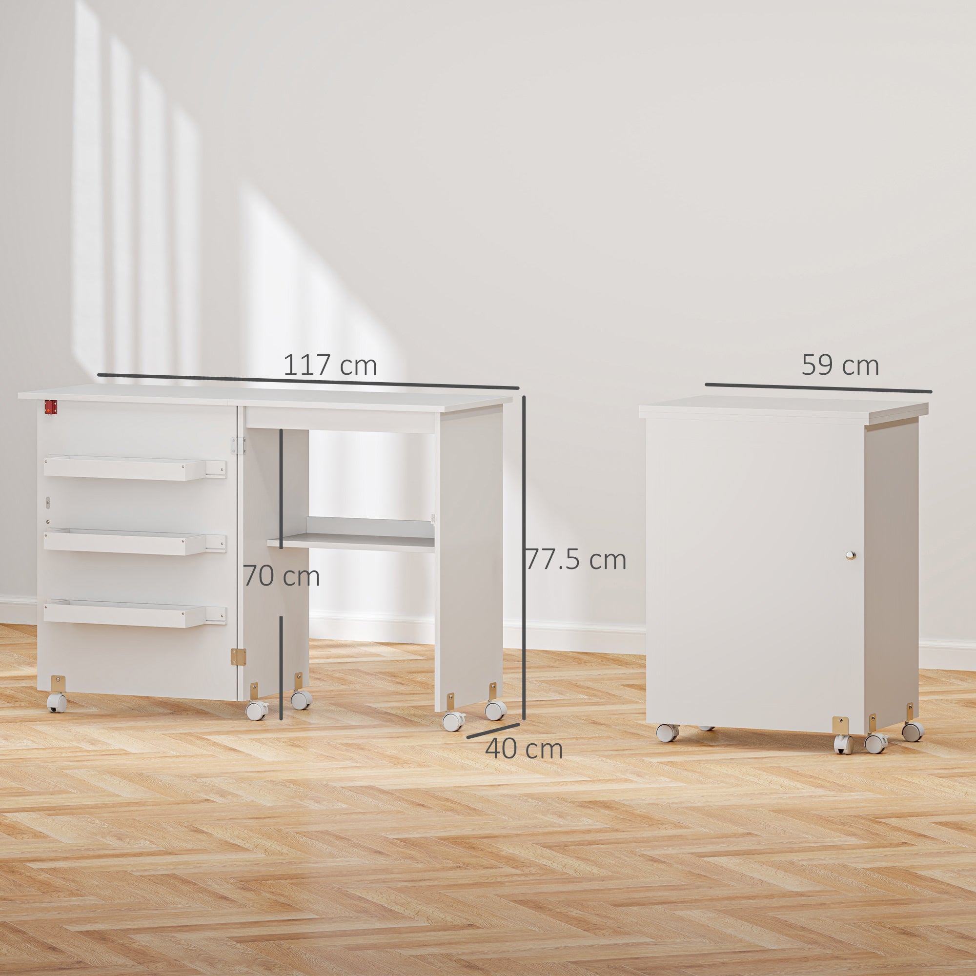 Kozy - Folding Sewing Table, Drop Leaf Craft Table with Storage Bins, Open Shelf and Wheels, Rolling Sewing Machine Cabinet Computer Desk for Small Space, White