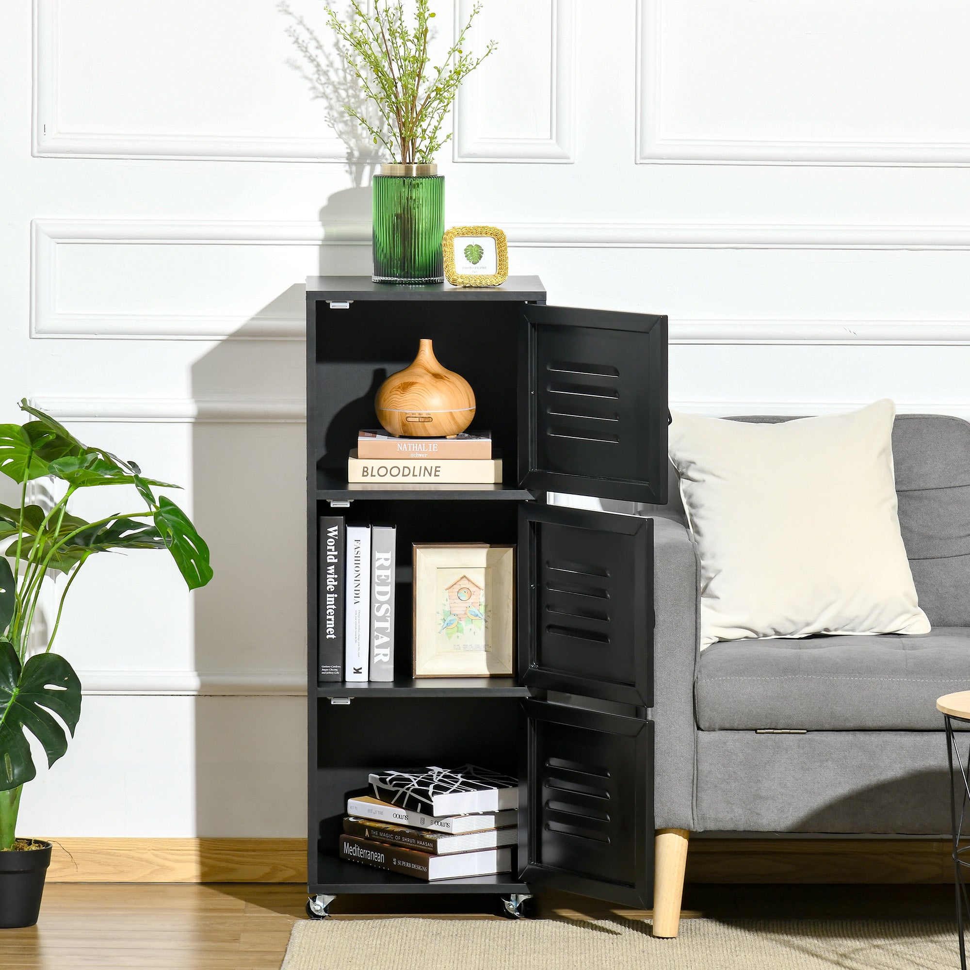 Kozy Rolling Storage Cabinet 3-Tier Mobile File Cabinet with Wheels & Metal Doors for Home Office, Living Room, Black