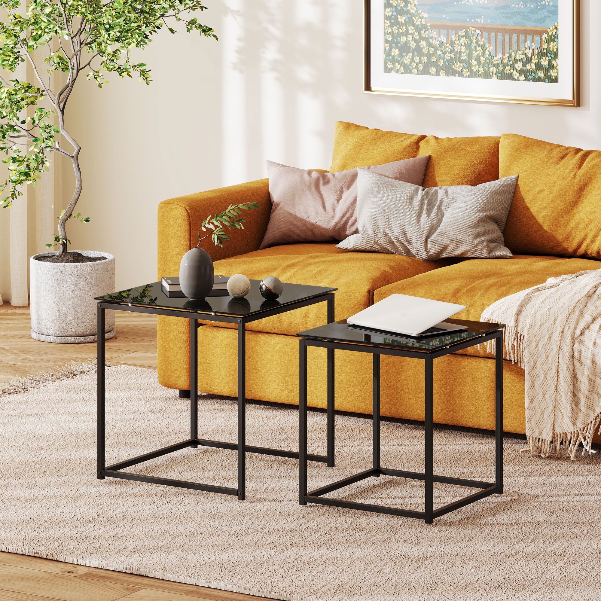 Kozy Nest of Tables, Set of 2 Coffee Table, Side Tables with Tempered Glass Desktop and Metal Frame for Living Room, Bedroom, Office, Black