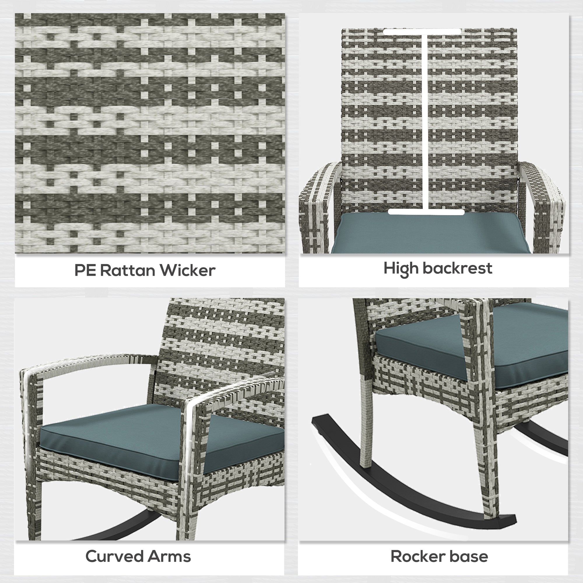 Kozy PE Rattan Garden Rocking Chair, Outdoor Rocking with Cushion, 160 KG Capacity Wicker Garden Armchair Rocker with Metal Frame for Patio, Porch, Balcony, Light Grey