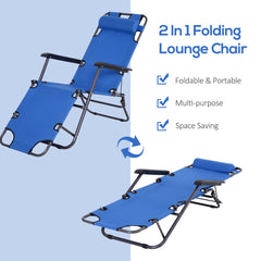 Outsunny 2 in 1 Sun Lounger Folding Reclining Chair Garden Outdoor Camping Adjustable Back with Pillow (Blue)