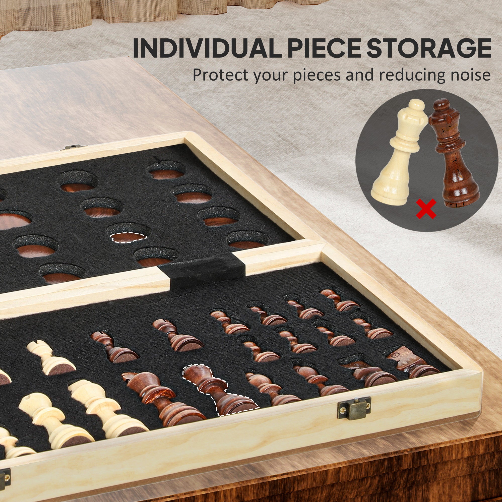 Kozy 15 Inch Chess Set, Foldable Chess and Draughts Set, Brown