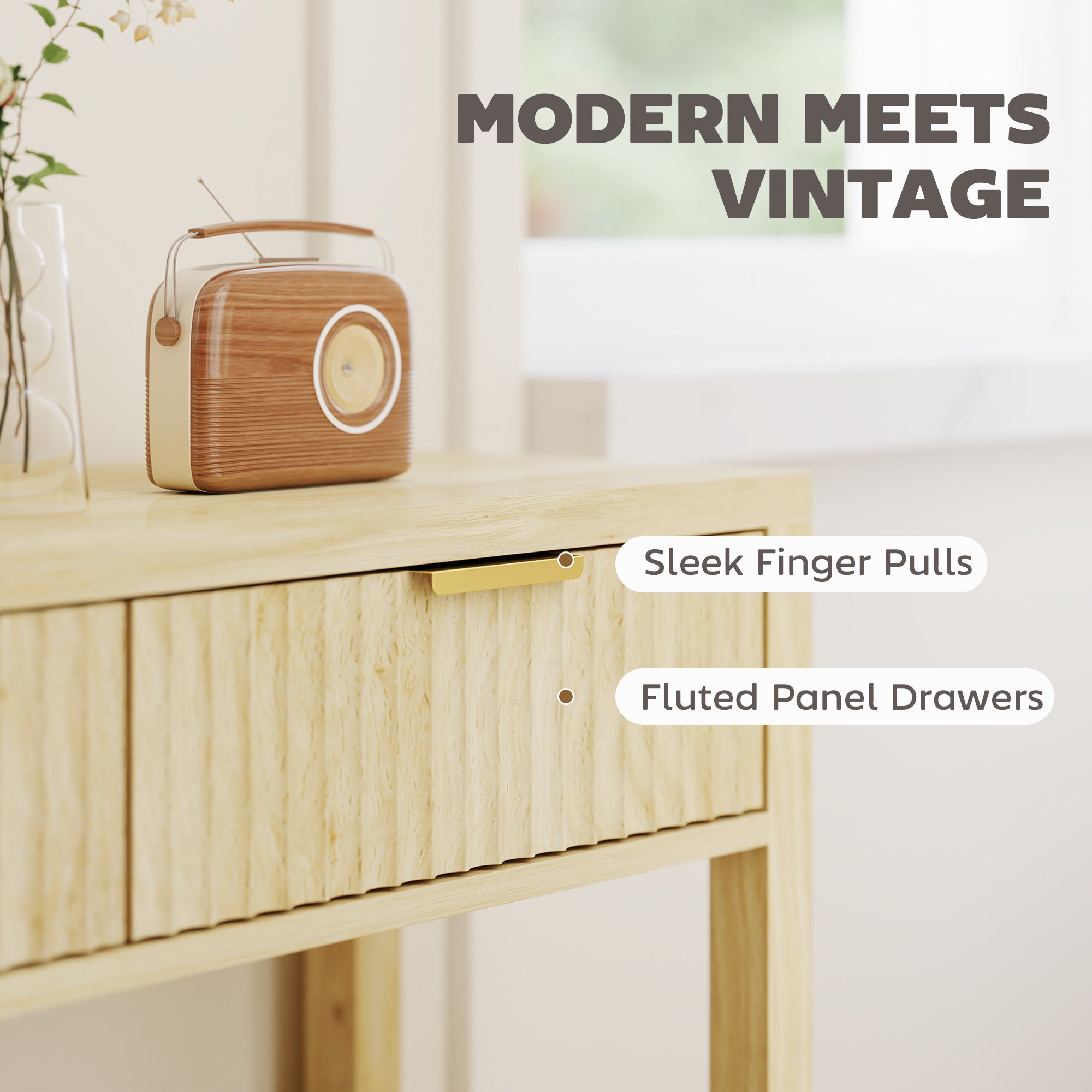 Kozy - Modern Console Table with Fluted Panel Drawers, Narrow Hallway Table with Shelf for Entryway, Living Room, 90 x 30 x 76 cm, Natural Wood Finish