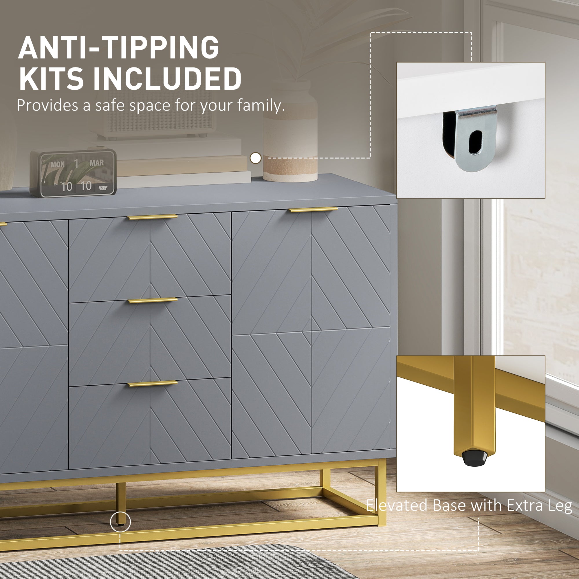 Kozy Sideboard with 3 Drawers and Adjustable Shelves for Living Room - Grey