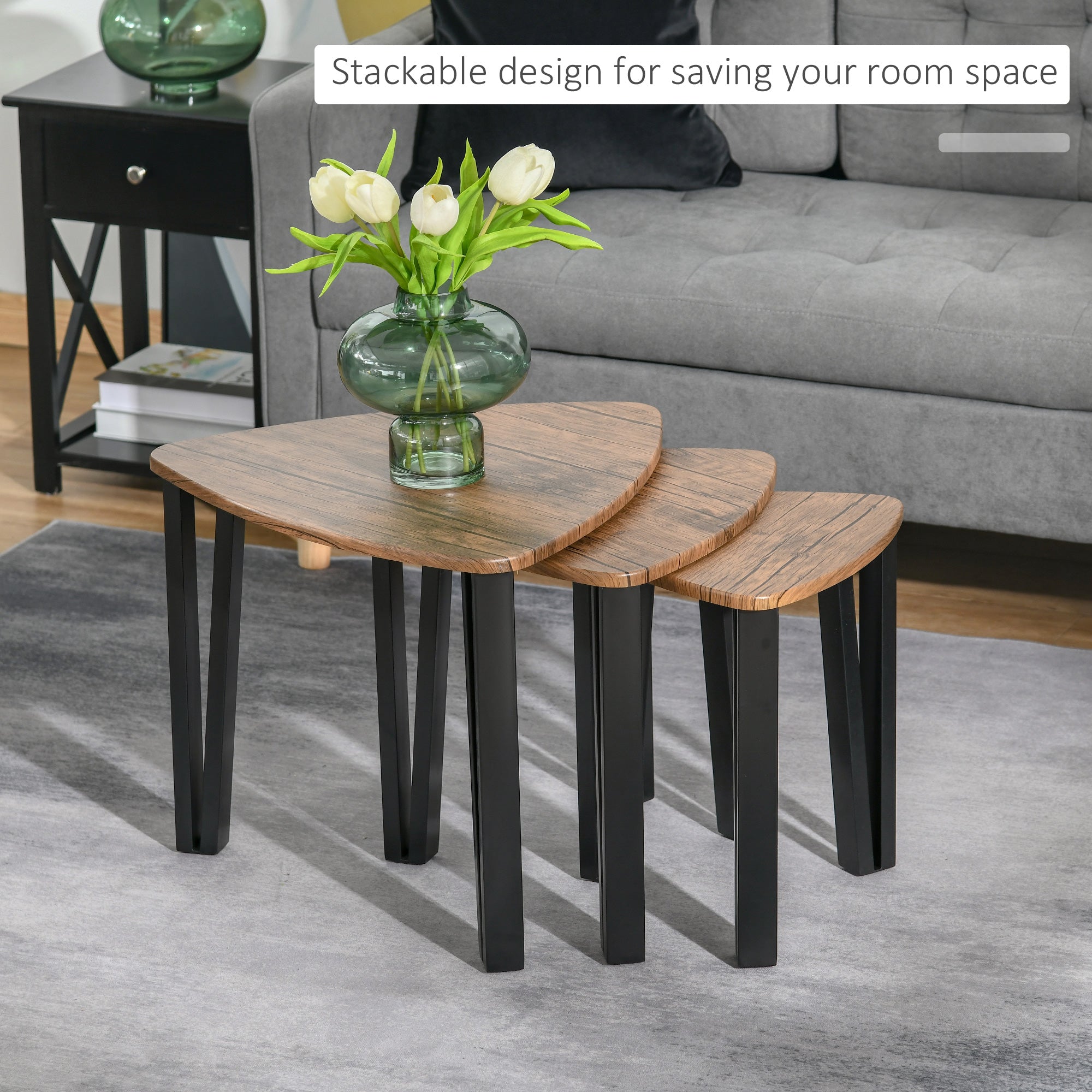 HOMCOM Nesting Coffee Tables Set of 3, MDF Steel, Versatile End Side Tables, Walnut Wood Effect