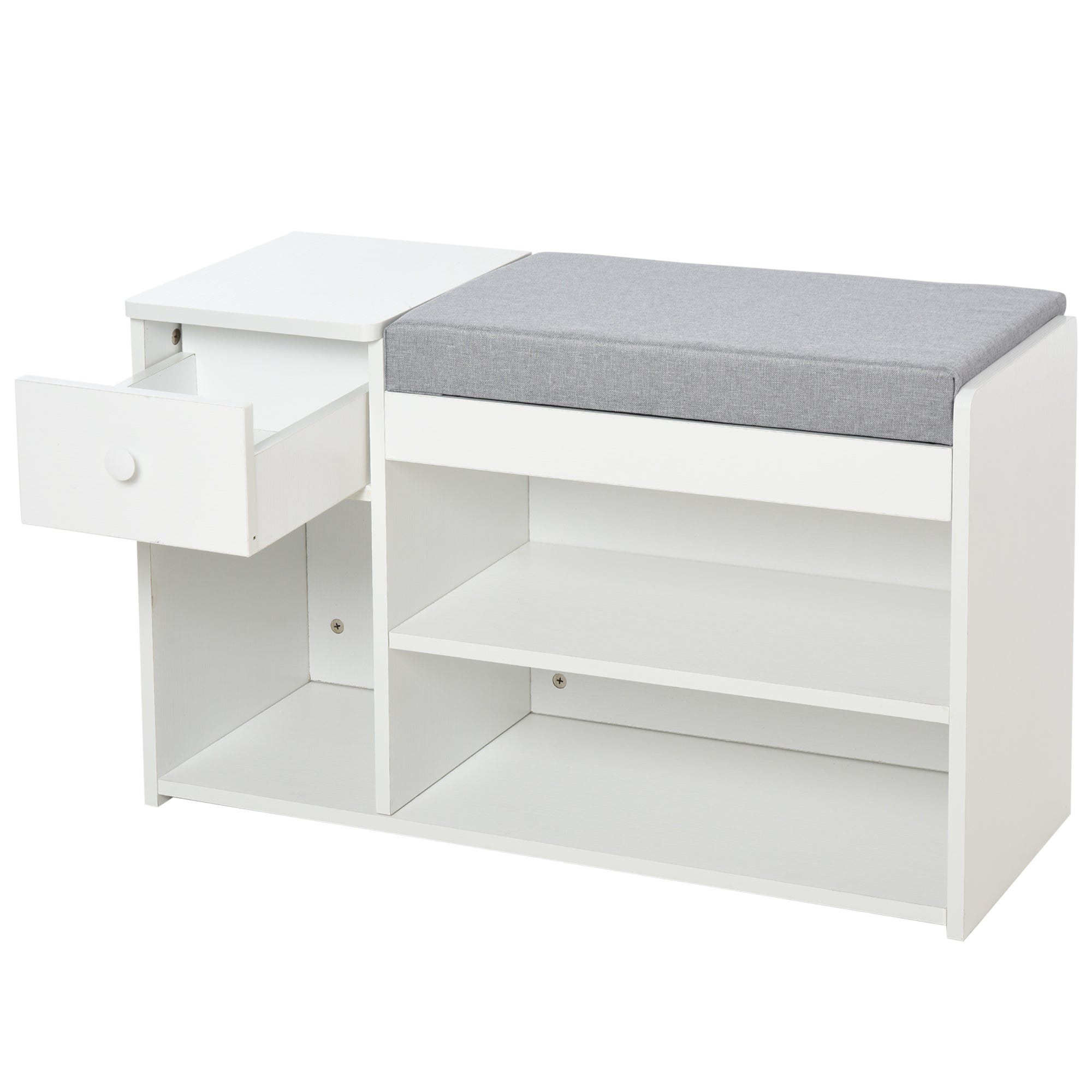 HOMCOM Shoe Storage Bench with Drawer, Cushioned Seat, 3 Compartments for Home Organisation, Hallway Entryway Furniture, White