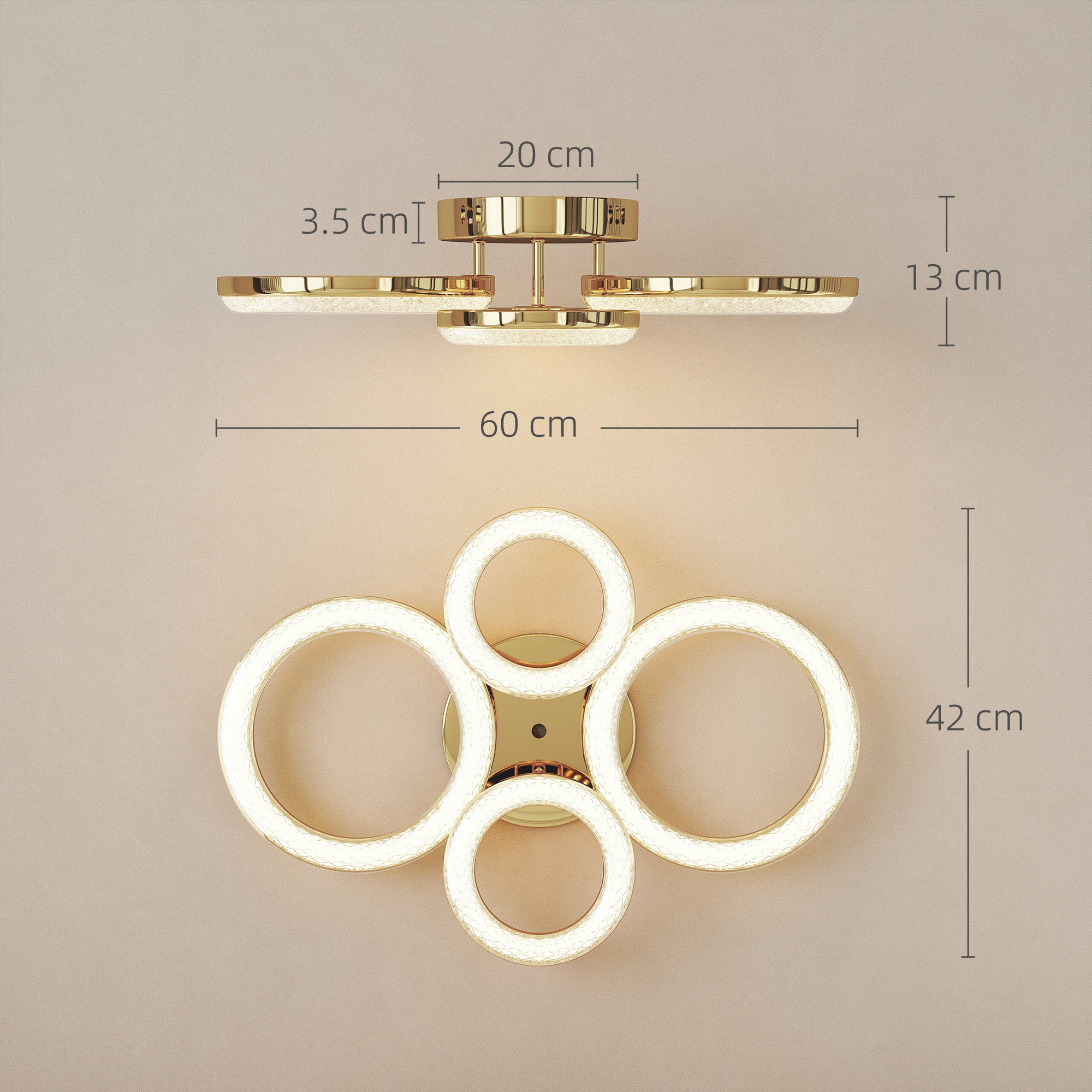Kozy LED Ceiling Light, Modern 4 Rings Ceiling Lamp with Wall Switch Control, 40W 4350lm Flush Mount Ceiling Light with 3500K/4500K/6000K Colour Temperatures for Living Room, Bedroom, Gold Tone