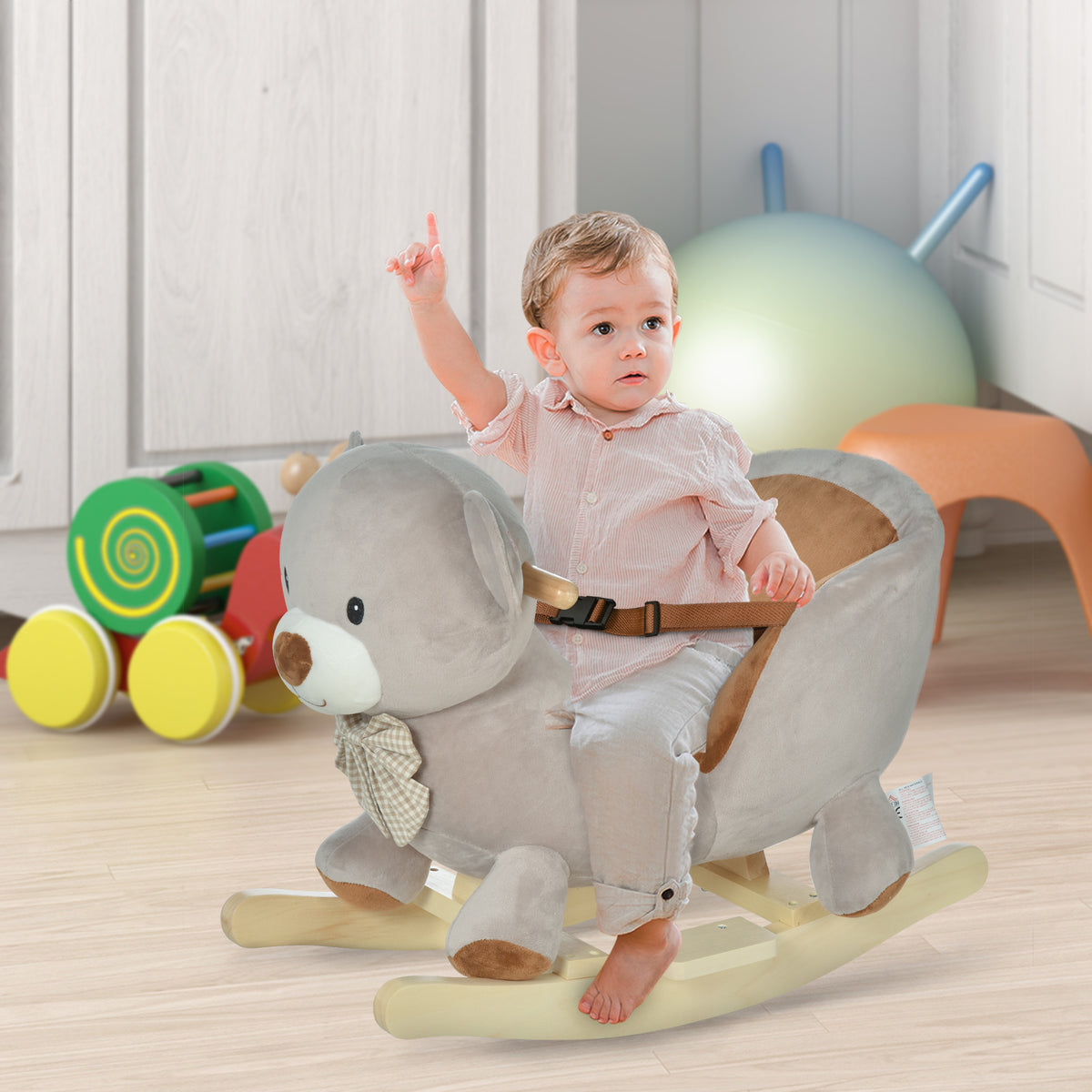 HOMCOM Kids Children Rocking Horse Plush Ride On Bear Seat w/ Sound Wood Base Seat Safety Belt Toddler Baby Toy Grey