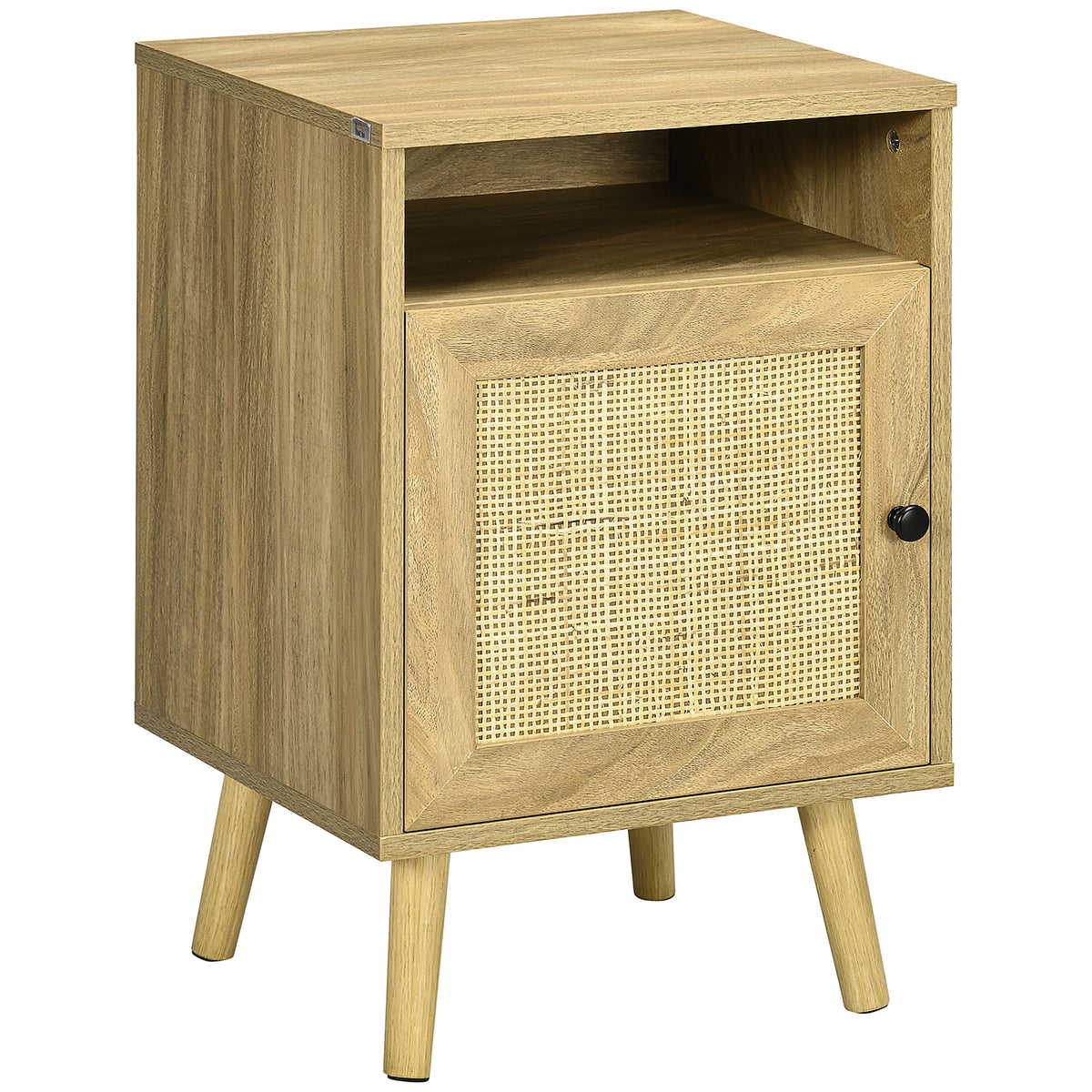 Kozy Bedside Table with Rattan Element, Side End Table with Shelf and Cupboard, 39cmx35cmx60cm, Natural