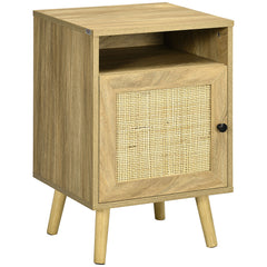 Kozy Bedside Table with Rattan Element, Side End Table with Shelf and Cupboard, 39cmx35cmx60cm, Natural