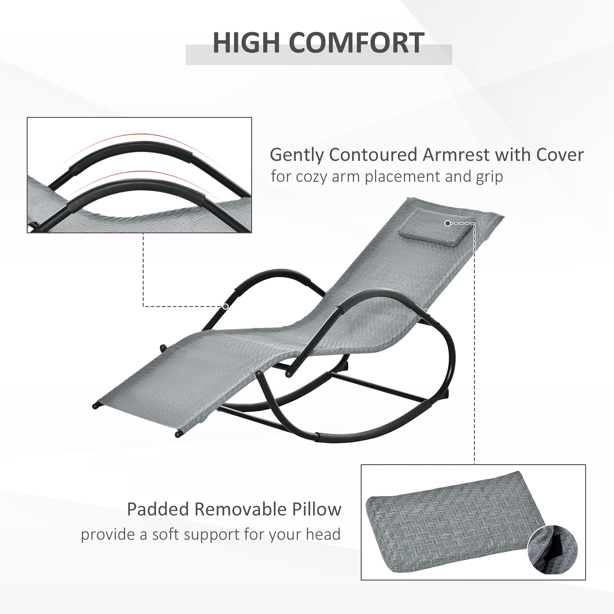 Kozy Zero Gravity Rocking Lounge Chair Rattan Effect Patio Rocking Chair w/ Removable Pillow Recliner Seat Breathable Texteline - Grey