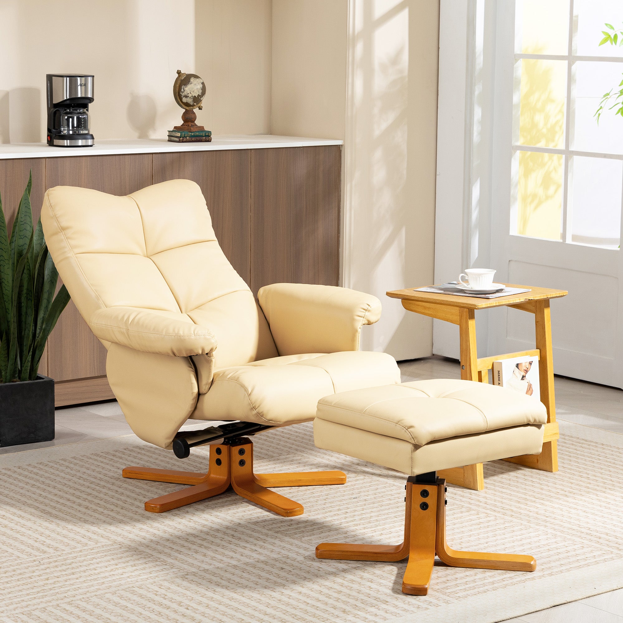 Kozy PU Leather Swivel Recliner Chair with Footstool, Wooden Base and Storage for Living Room, Beige
