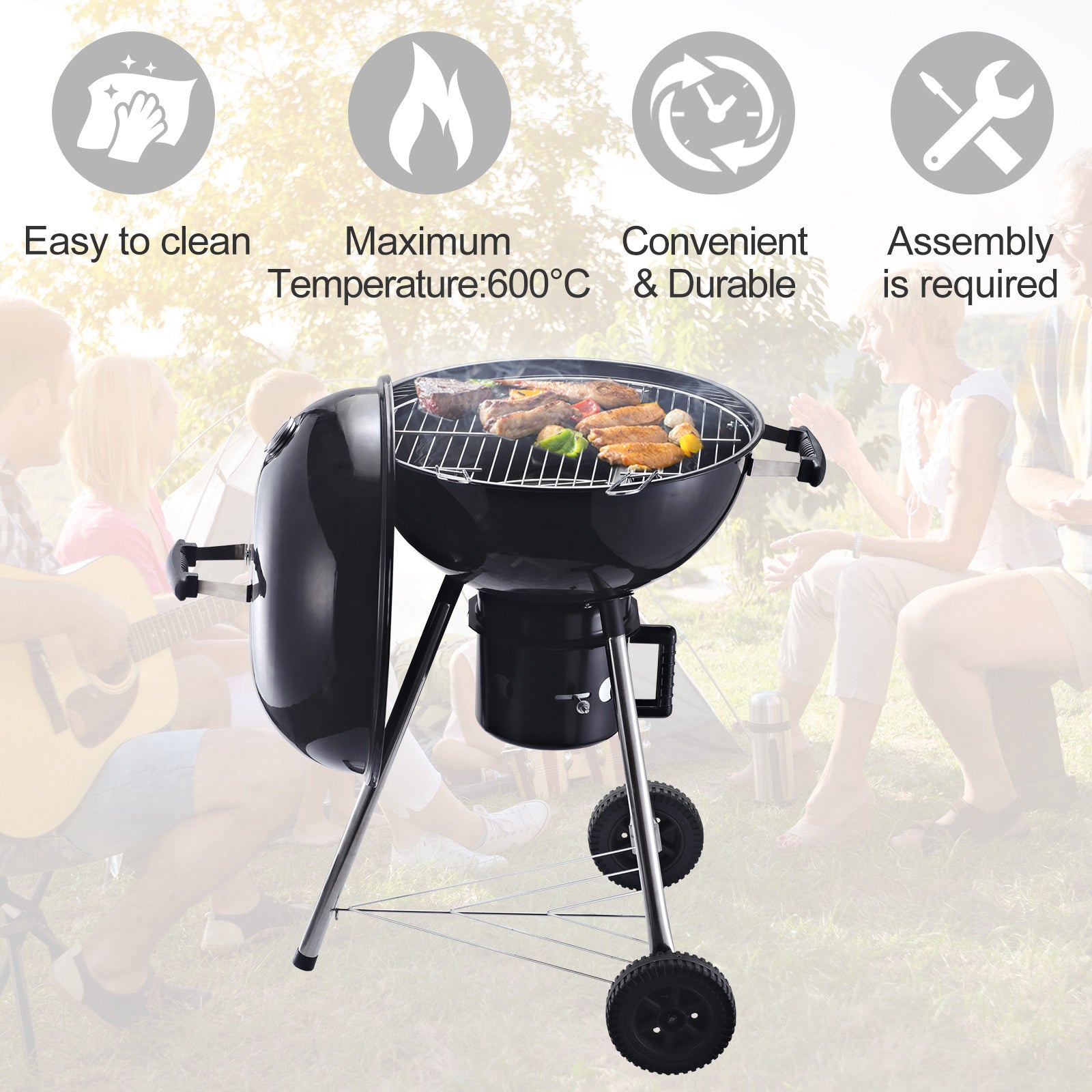 Outsunny Freestanding Charcoal Barbecue Grill Garden Portable BBQ Smoker w/ Wheels, Storage Shelves and On