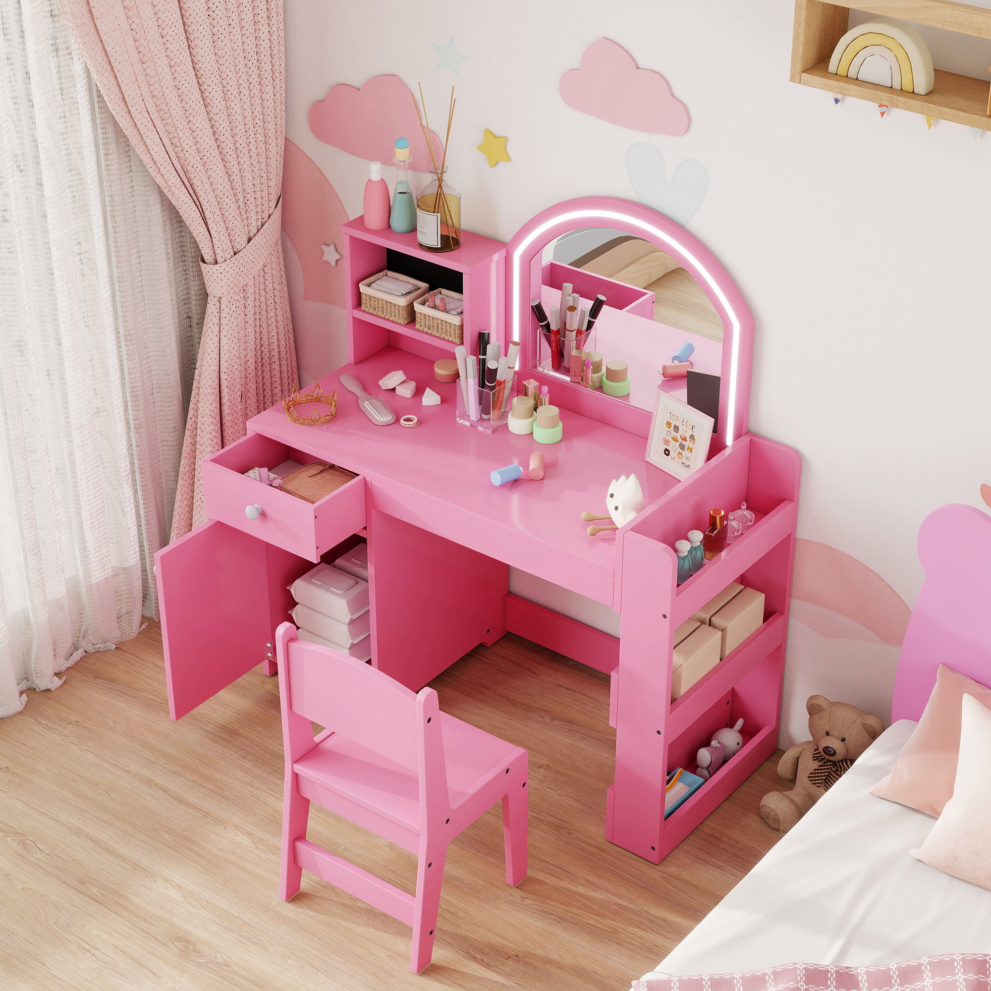 Kozy Kids Vanity Table and Chair Set, Girls Dressing Table with 2-Colour LED Mirror, Stool, Cabinet, Drawer, Shelves, Pink