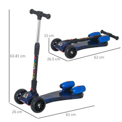 HOMCOM Kids 3 Wheel Kick Scooter Adjustable Height w/ Flashing Wheels Music Water Spray Foldable Design Cool On Off Road Vehicle Blue