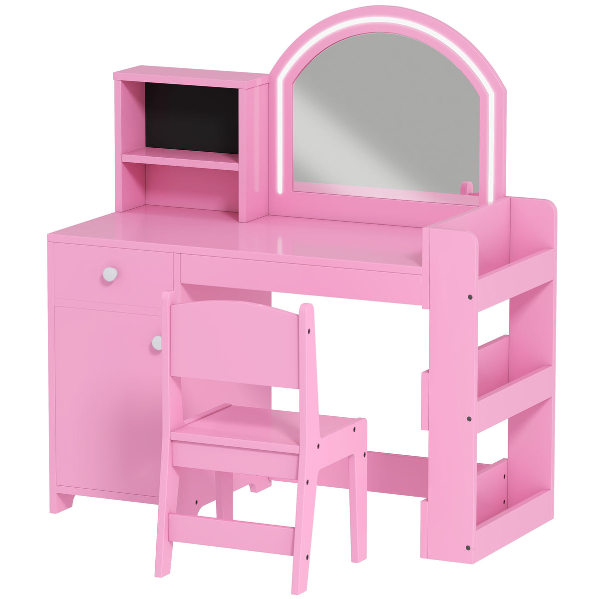 Kozy Kids Vanity Table and Chair Set, Girls Dressing Table with 2-Colour LED Mirror, Stool, Cabinet, Drawer, Shelves, Pink