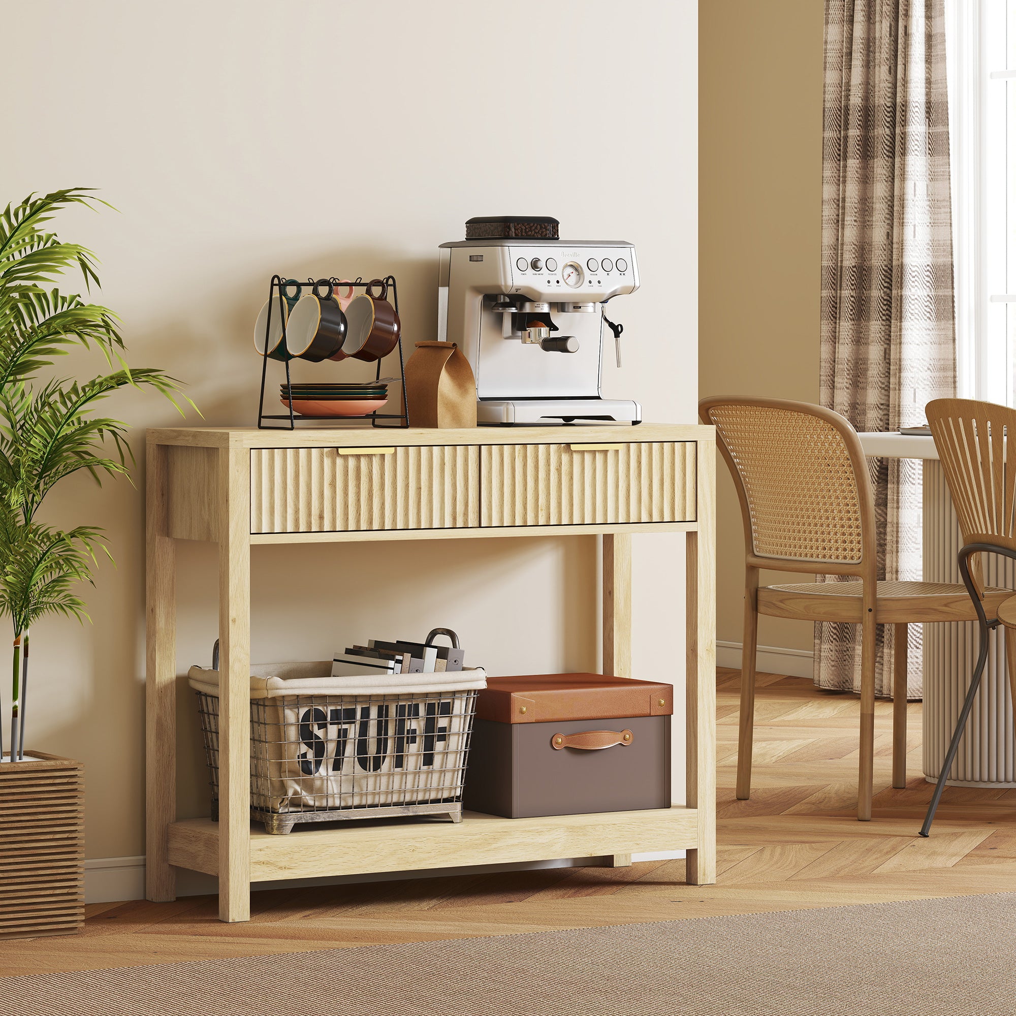 Kozy - Modern Console Table with Fluted Panel Drawers, Narrow Hallway Table with Shelf for Entryway, Living Room, 90 x 30 x 76 cm, Natural Wood Finish