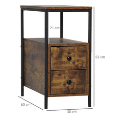 Kozy Side Table, Narrow Bedside Table with 2 Drawers and Storage Shelf, Industrial End Table with Metal Frame for Small Spaces, Rustic Brown