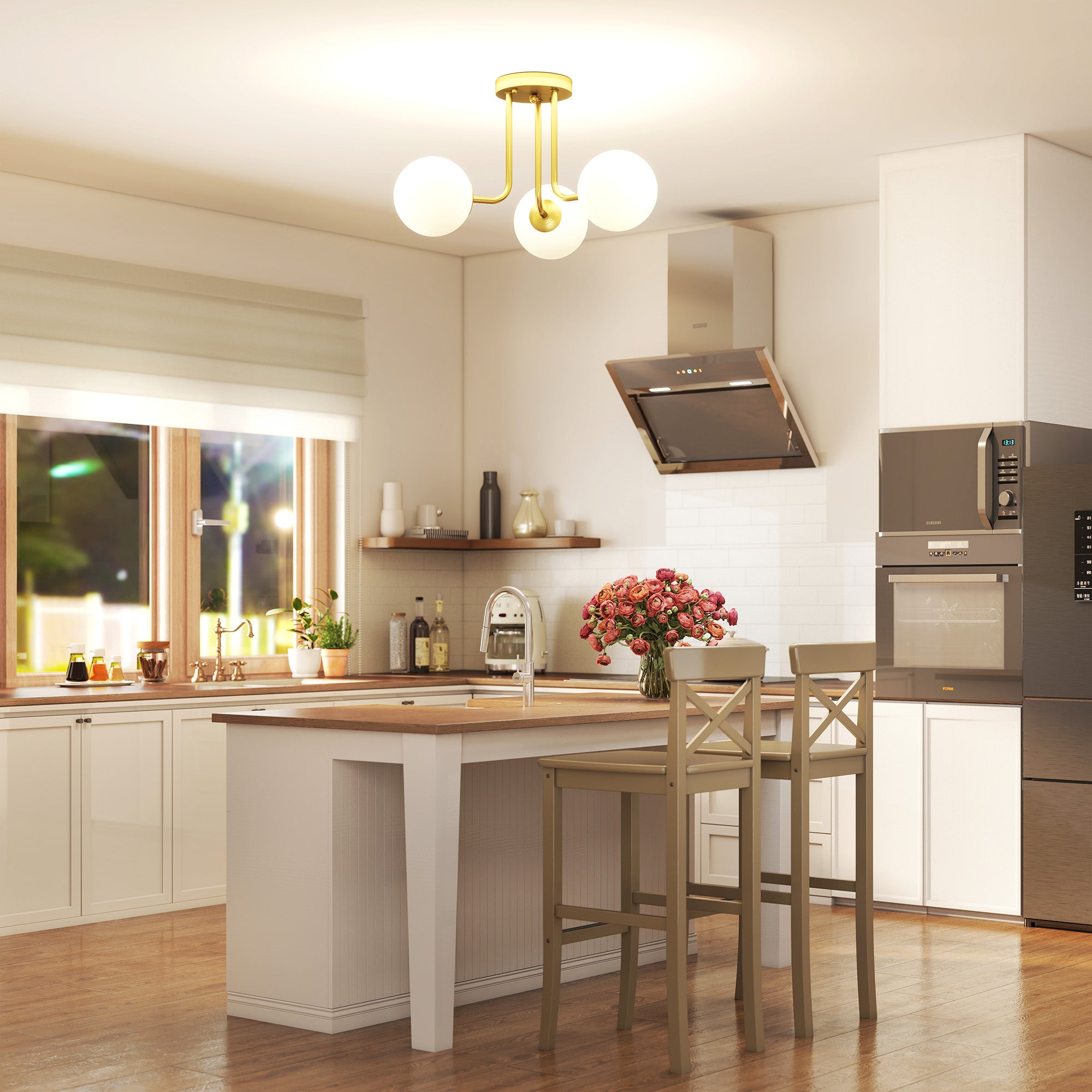 Kozy LED Ceiling Light with Globe Shades, Modern 3-Light Ceiling Light with G9 Sockets for Living Room, Bedroom, Dining Room, Bulbs Not Included, Gold Tone