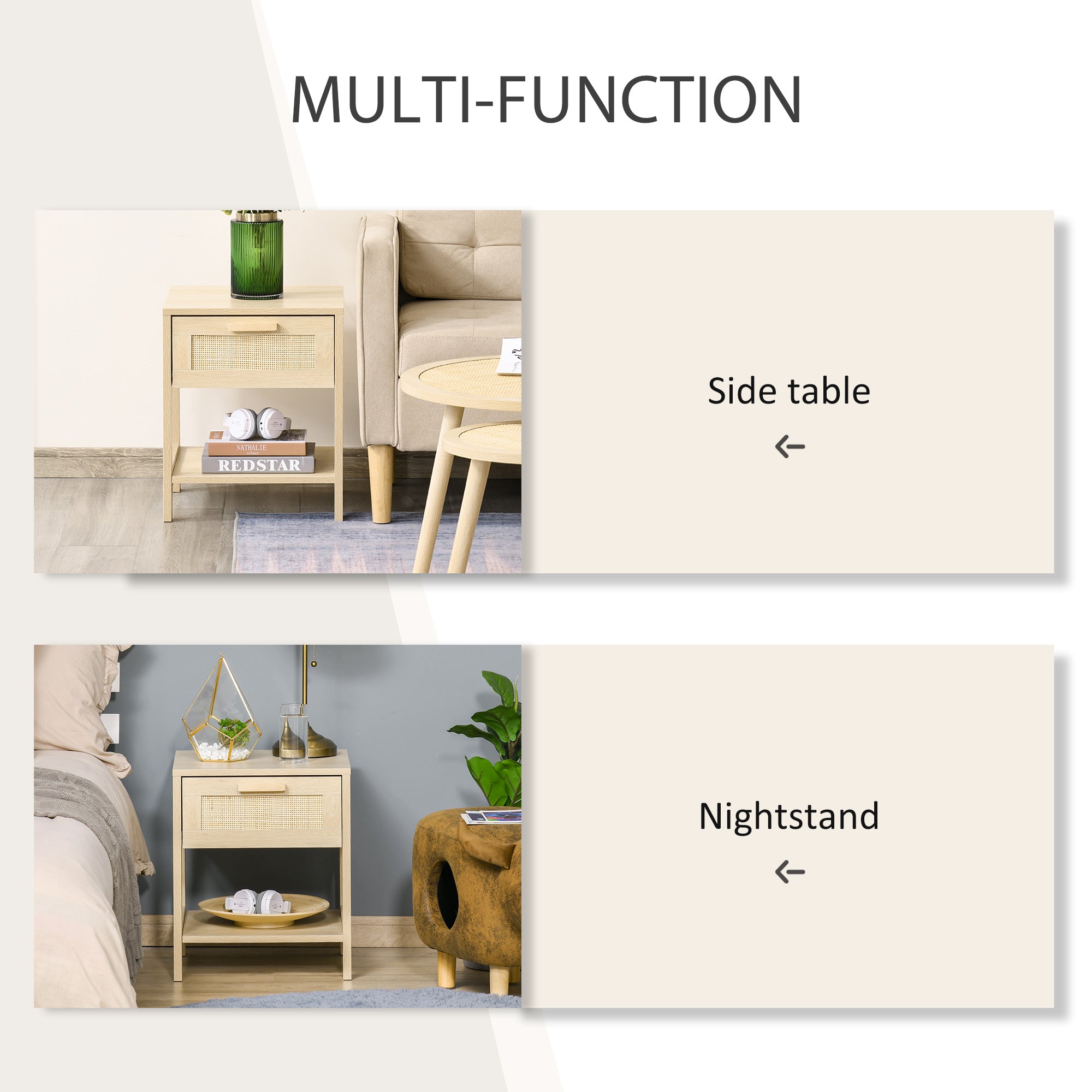 Kozy Nightstand with Rattan Drawer and Storage Shelf, Bedside End Table for Bedroom, Living Room