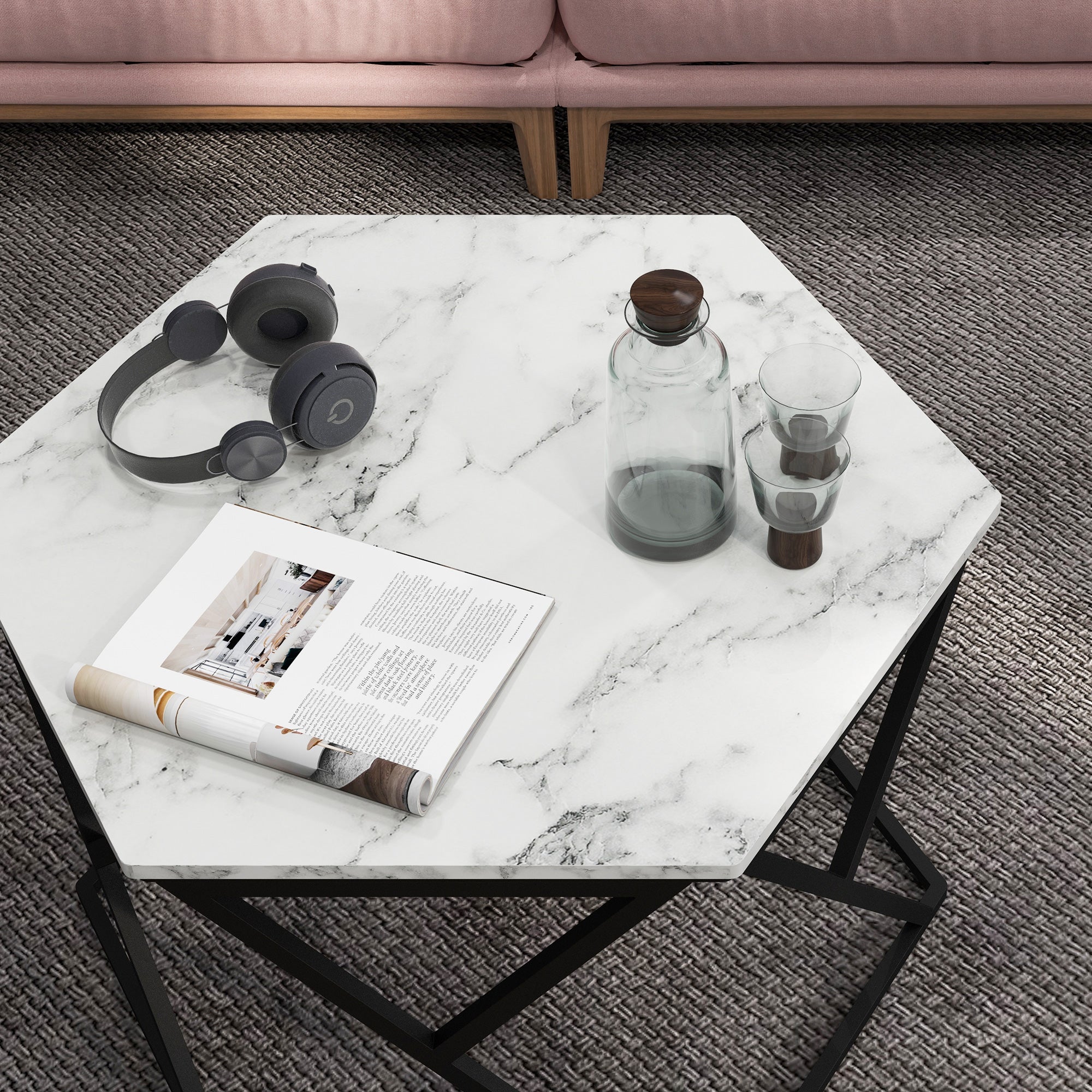 Kozy Hexagonal Coffee Table with High Gloss Marble Effect Table Top, Modern Cocktail Table with Steel Frame for Living Room, White