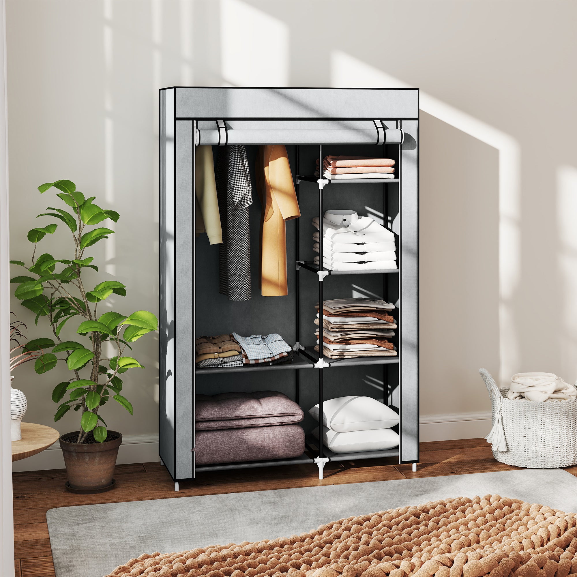 Kozy Fabric Wardrobe, Portable Wardrobe with 6 Shelves, 1 Hanging Rail, Foldable Closets, 103 x 43 x 162.5 cm, Light Grey