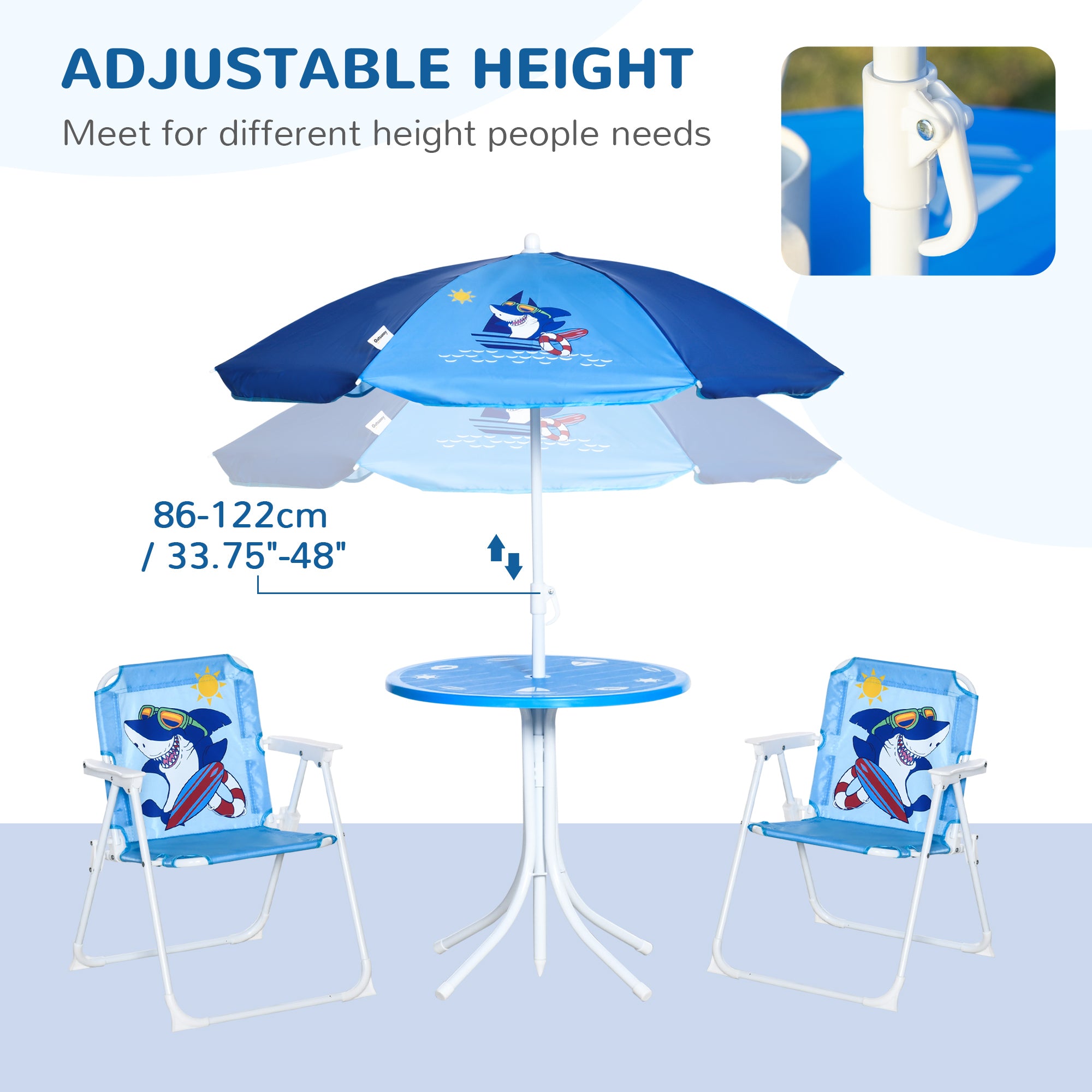Kozy Kids Outdoor Bistro Table and Chair Set, Folding Garden Furniture w/ Shark Design, Removable, Adjustable Sun Umbrella, Ages 3-6 Years - Blue