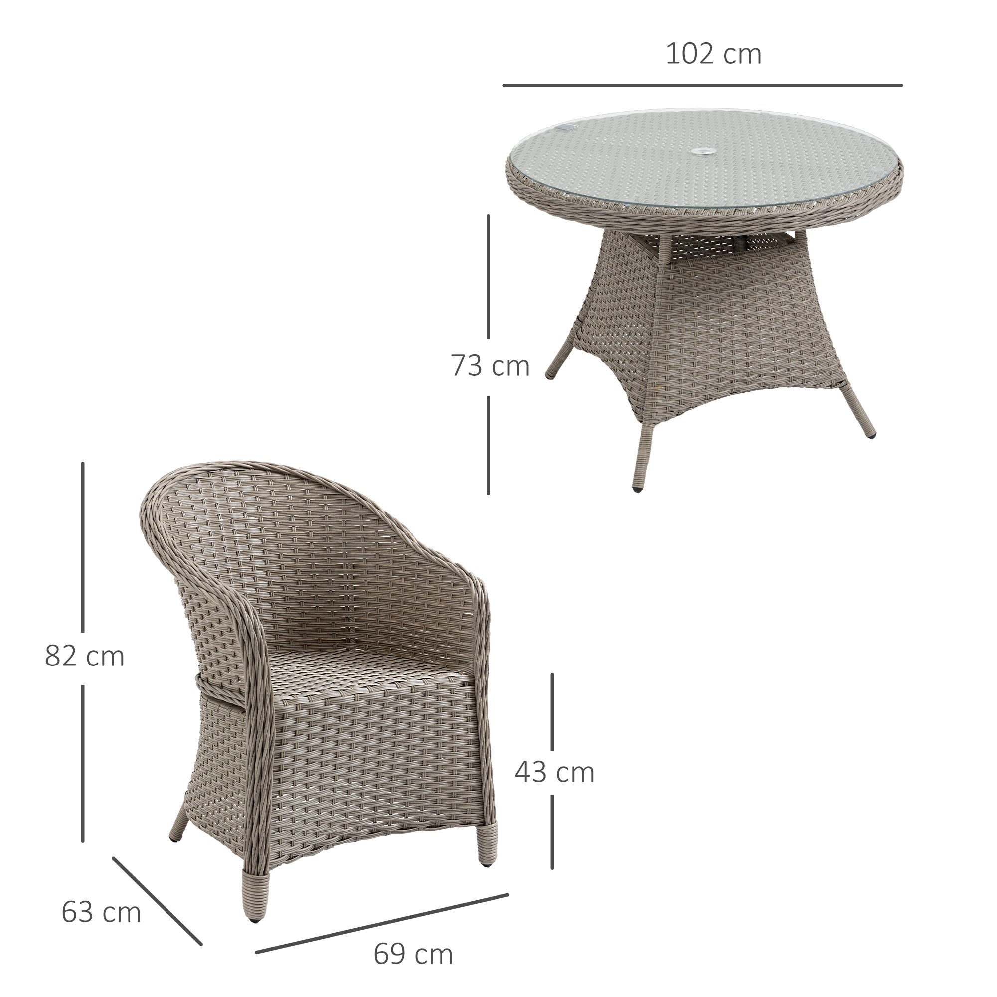 Kozy 4 Seater Rattan Garden Furniture Set with Cushions, Round PE Rattan Dining Set with Glass-Top Table, Umbrella Hole, Outdoor Garden Table and Chairs, Mixed Grey