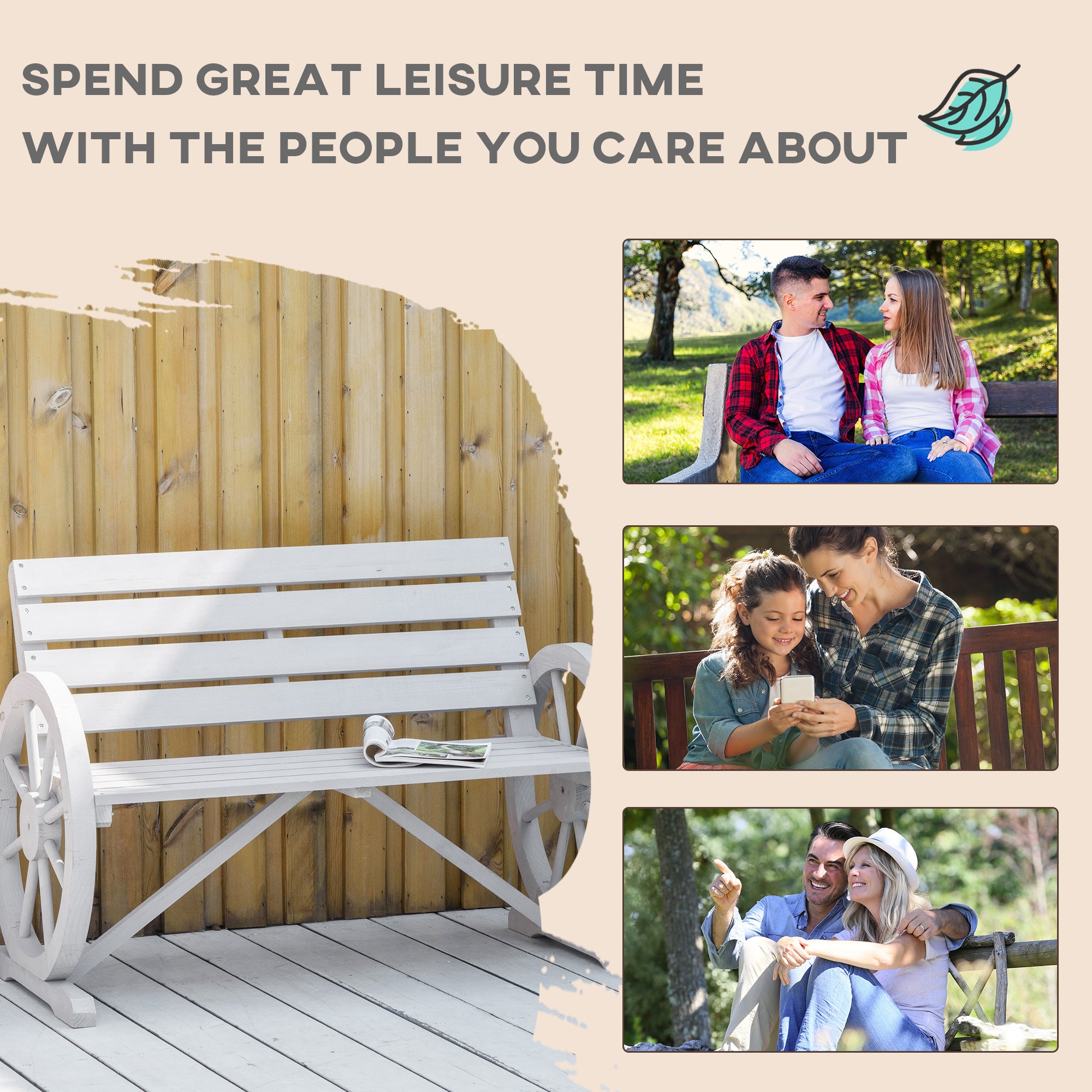 Kozy Wooden Cart Wagon Wheel 2 Seater Garden Bench Outdoor Garden Armrest Chair Rustic High Back Loveseat Grey