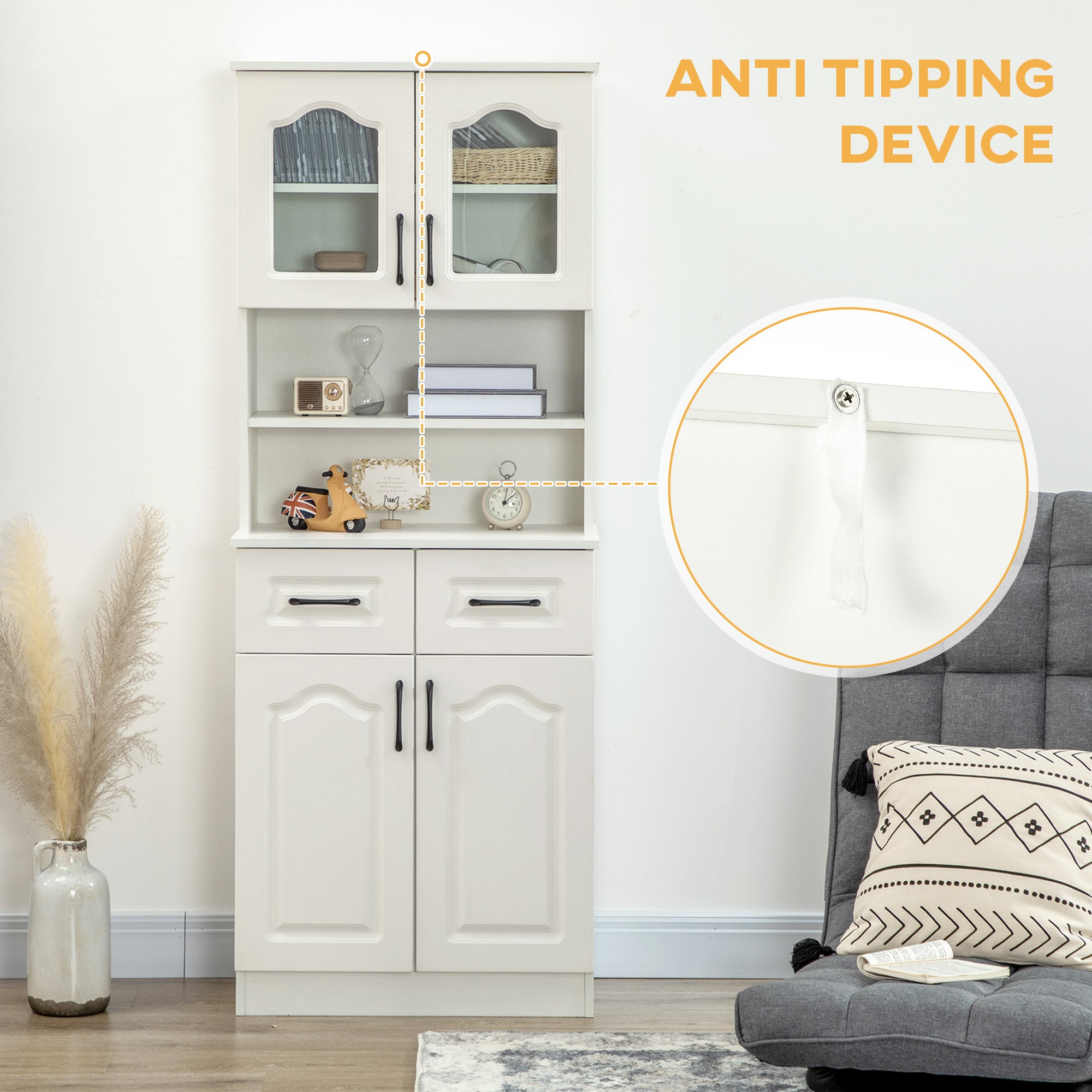 Kozy Kitchen Cupboard, Freestanding Storage Cabinet with 2 Adjustable Shelves, 2 Drawers and Open Counter for Living Room, Dining Room, 168cm, White