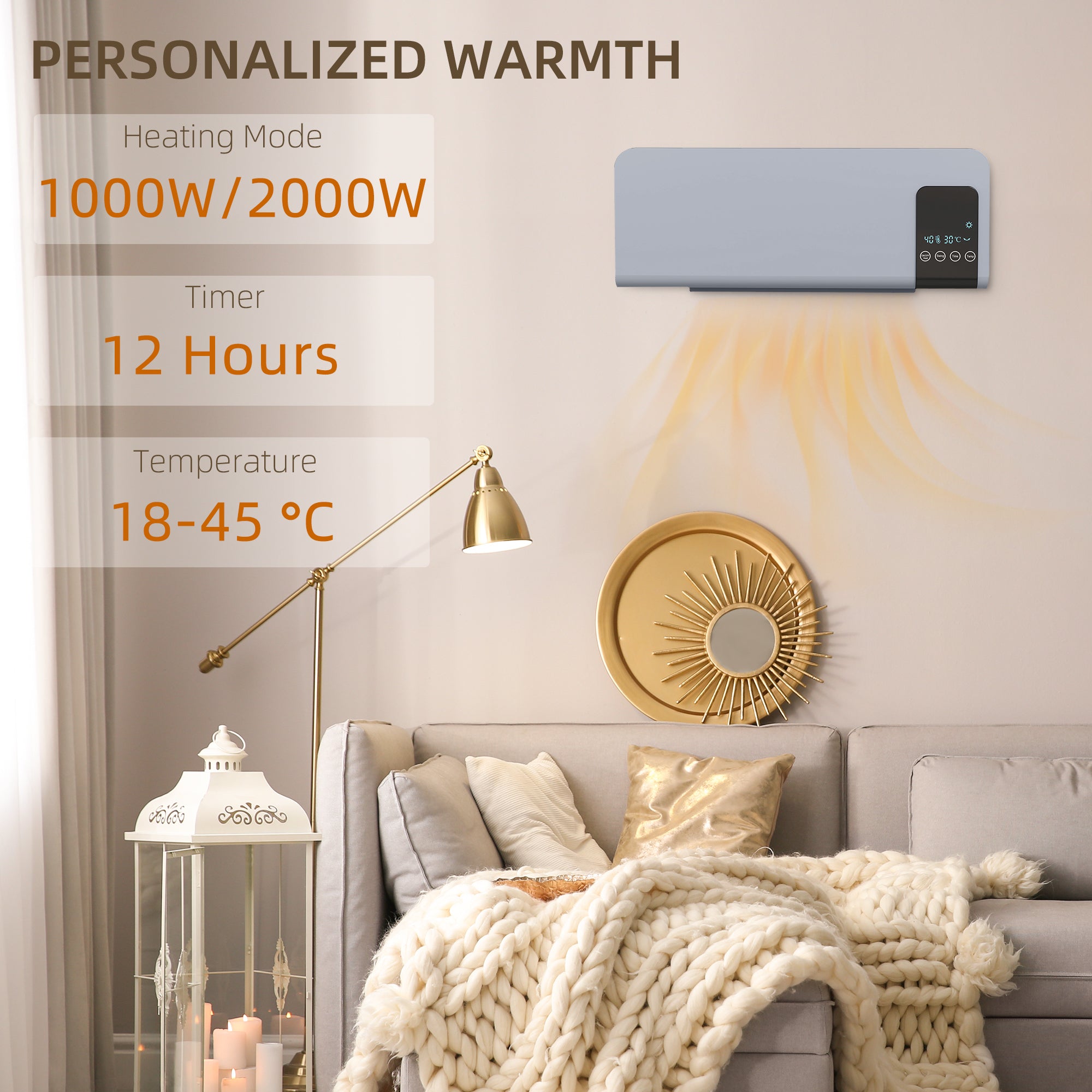 Kozy - 2000W Wall Mounted Heater, 18-45°C Temperature, Grey