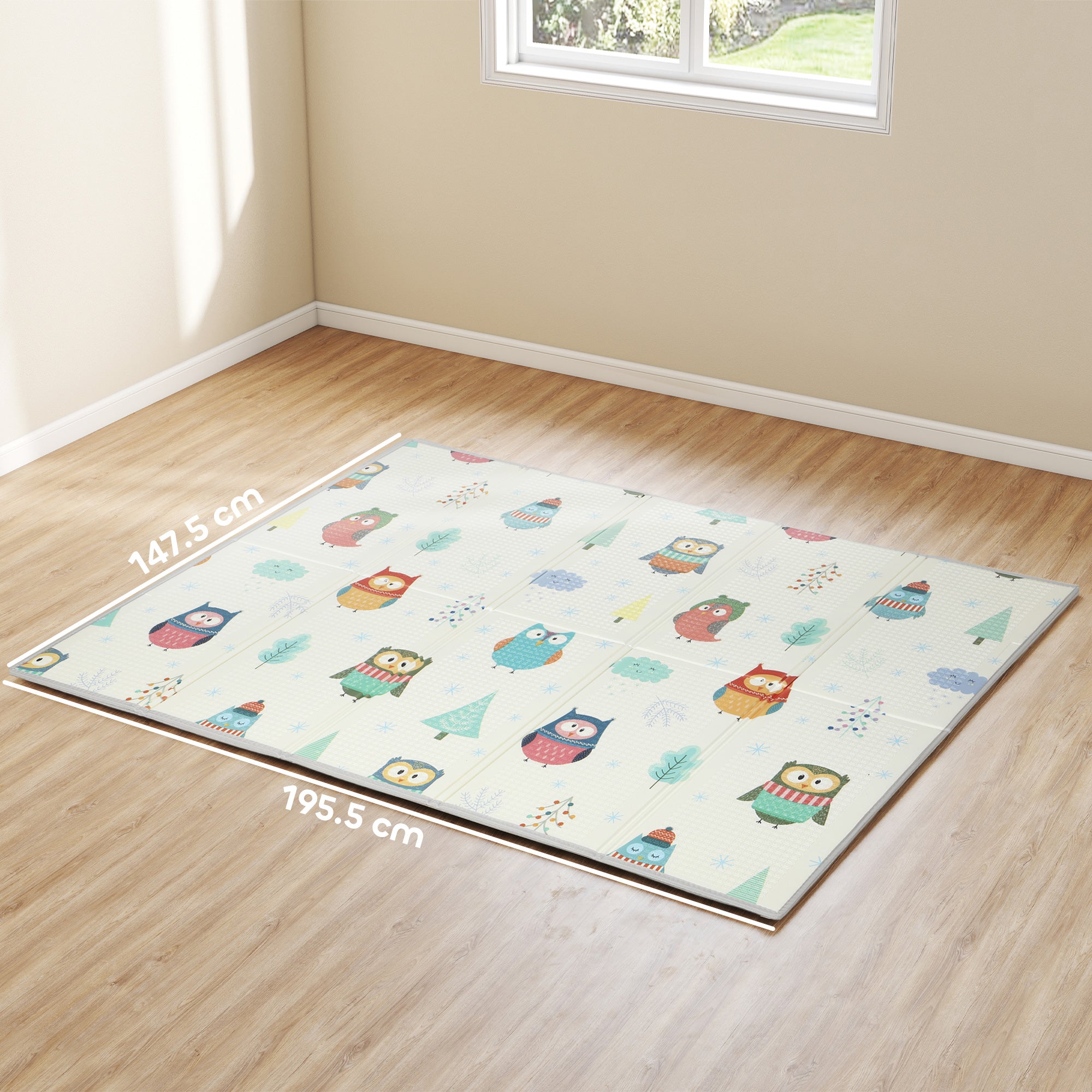 Kozy Foldable Baby Plat Mat Double Sided, Kids Floor Mat for Crawling, 195.5L x 147.5W cm, Car track and Owl Theme