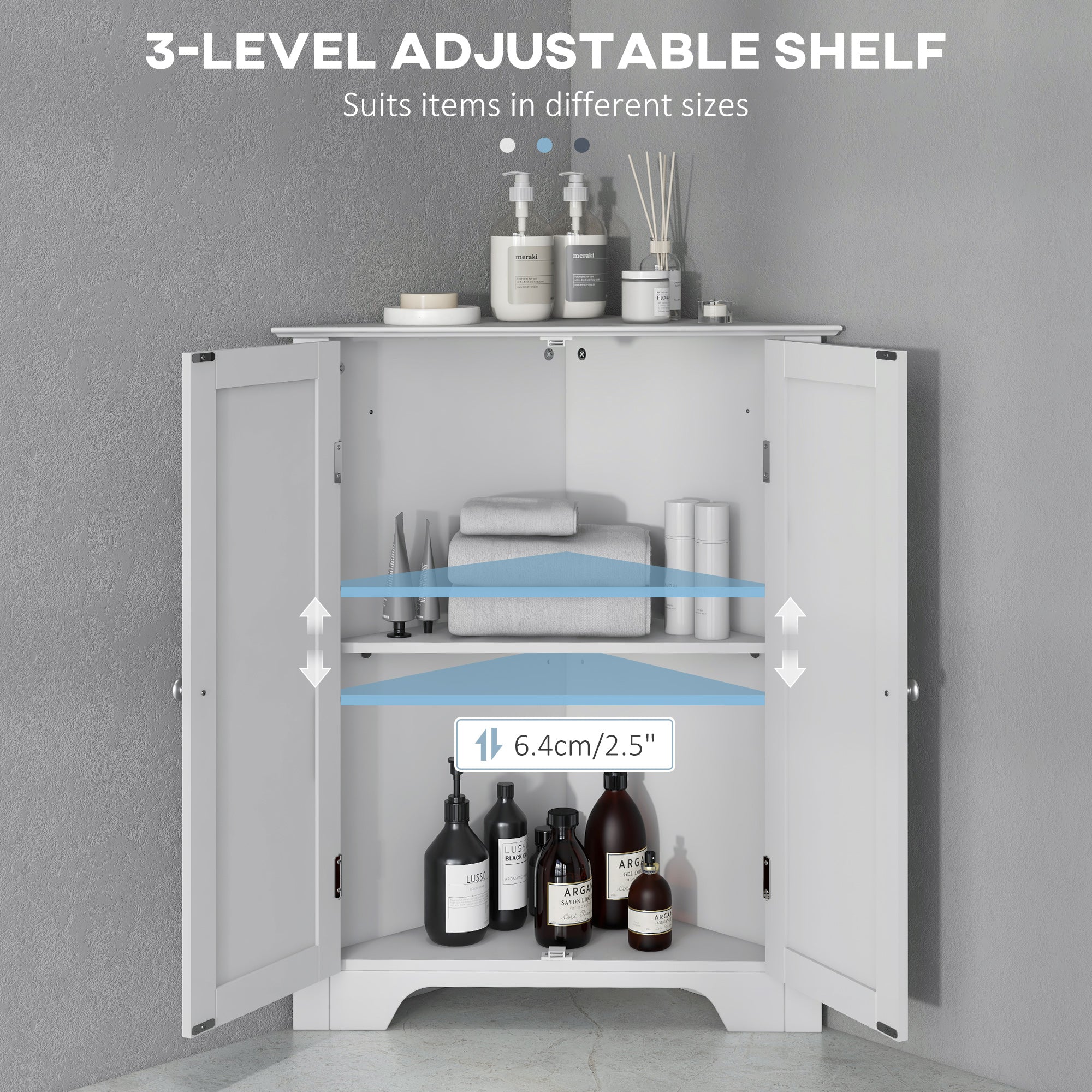 Kozy Triangle Bathroom Cabinet, Corner Bathroom Storage Unit with Adjustable Shelf and Recessed Door, Free Standing, White