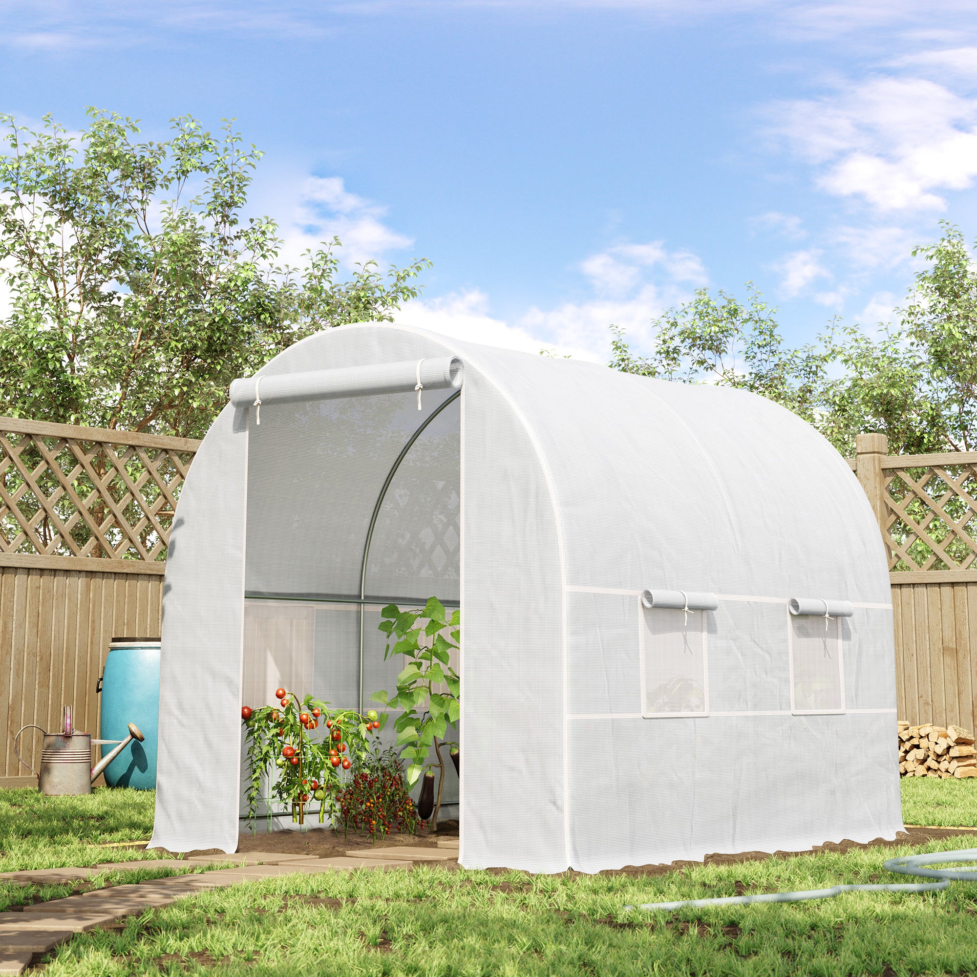 Kozy 2.5 x 2 x 2 m Polytunnel Greenhouse, Walk-in Green House for Garden with Mesh Windows, Galvanised Steel Frame, White