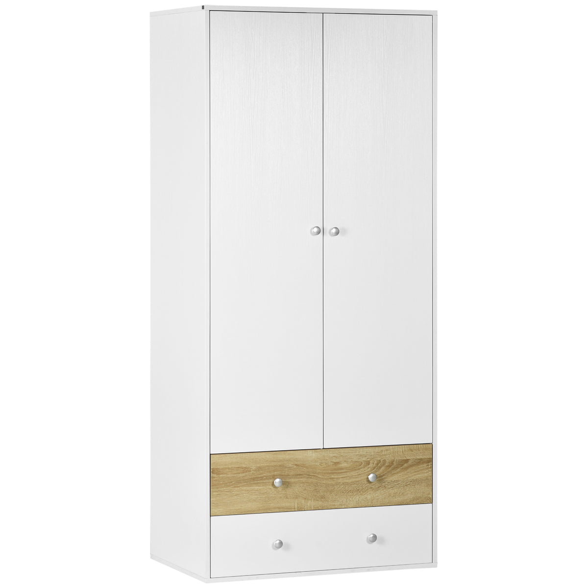 Kozy 2-Door Wardrobe with 2 Drawers, Hanging Rod and Anti-tipping Straps for Bedroom Clothes Storage Organisation, White