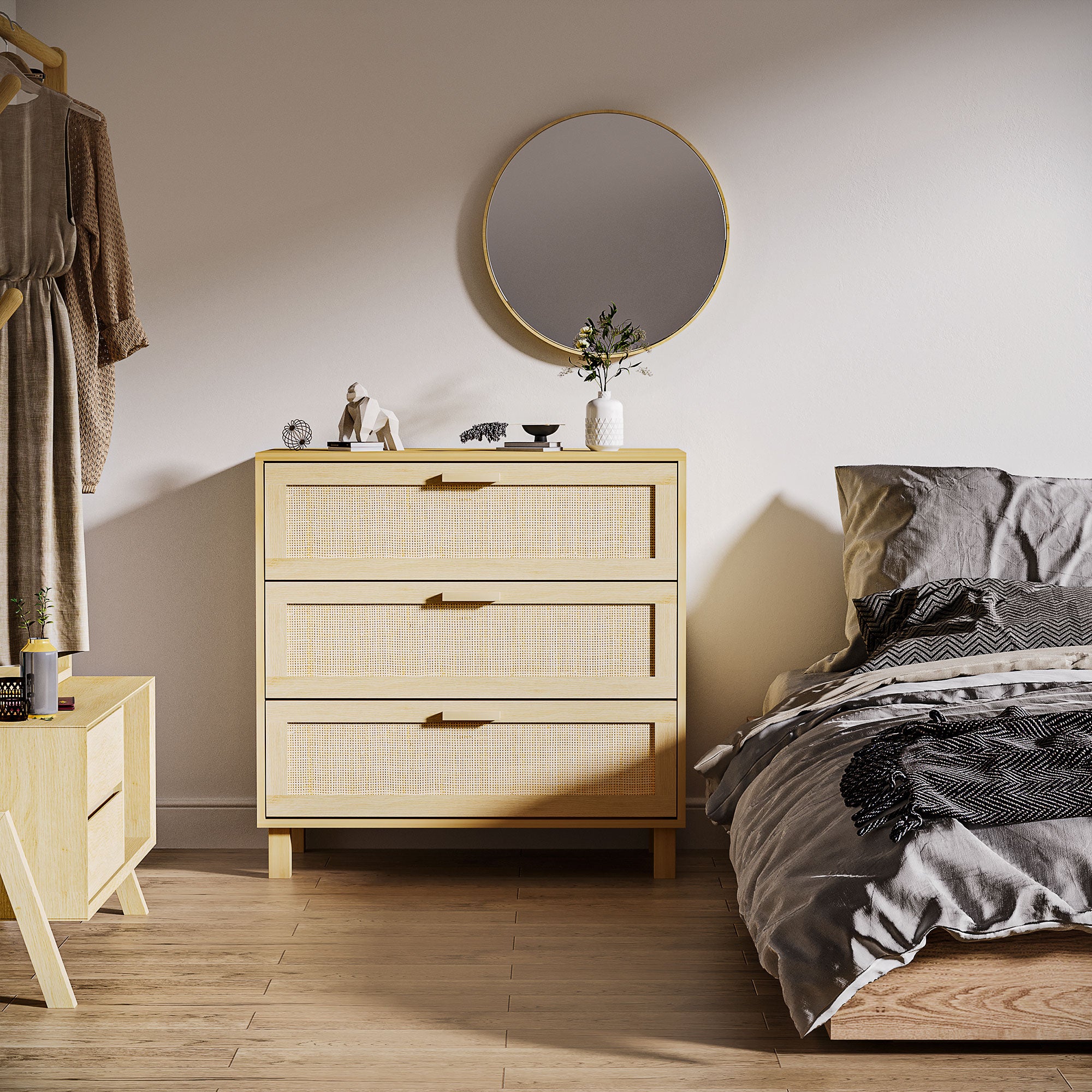 Kozy Rattan Bedroom Chest of Drawers, 3 Drawers Storage Unit, Boho Dresser for Living Room, Hallway, Natural