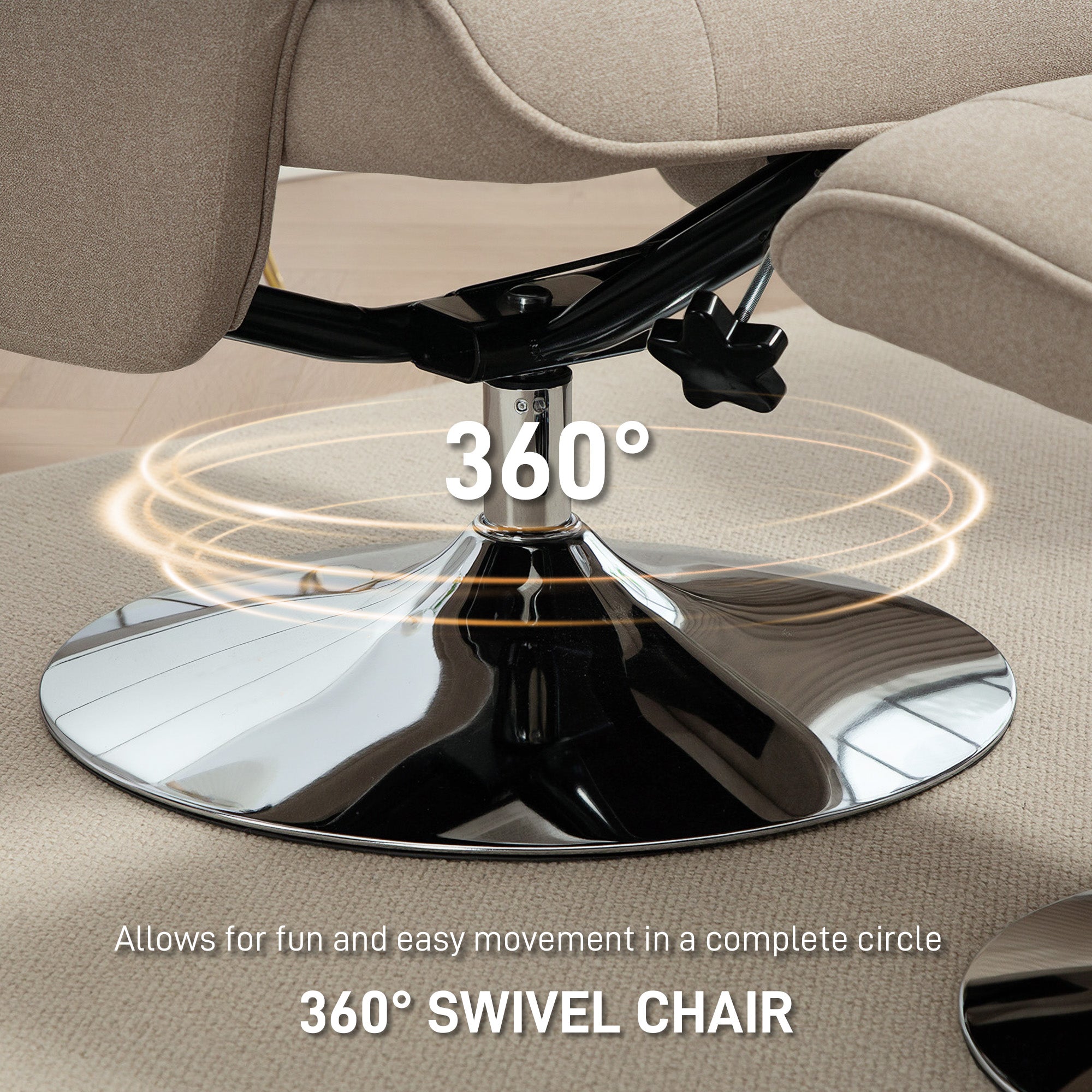 Kozy - Swivel Recliner Chair with Footstool, Velvet Recliner Armchair with Ottoman, Steel Base, Upholstered Reclining Chair for Living Room, Bedroom, Office, Beige