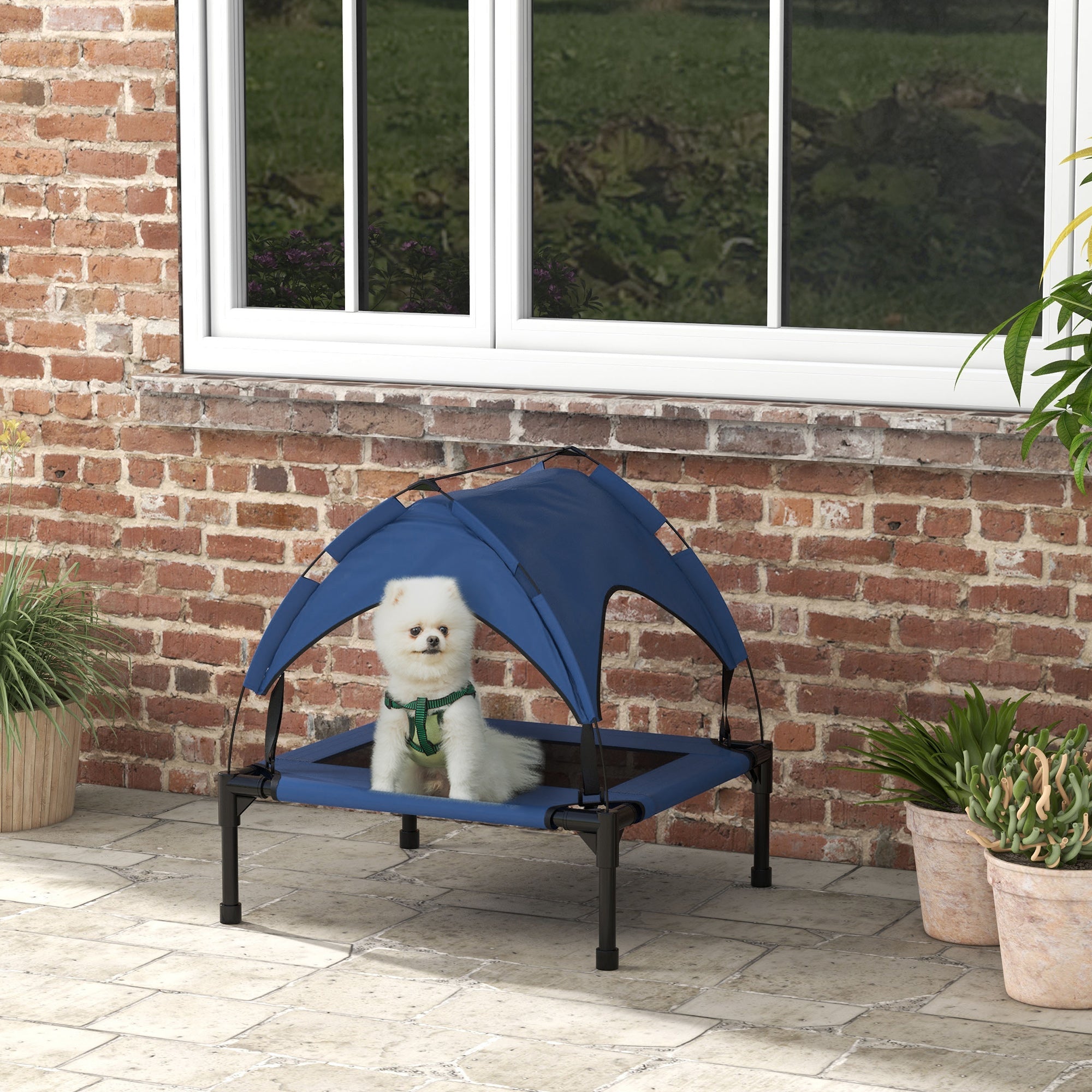 PawHut Raised Cooling Pet Bed, Breathable Mesh, Washable, for Small to Medium Dogs, 76 x 61 x 69.5cm, Dark Blue | Aosom UK