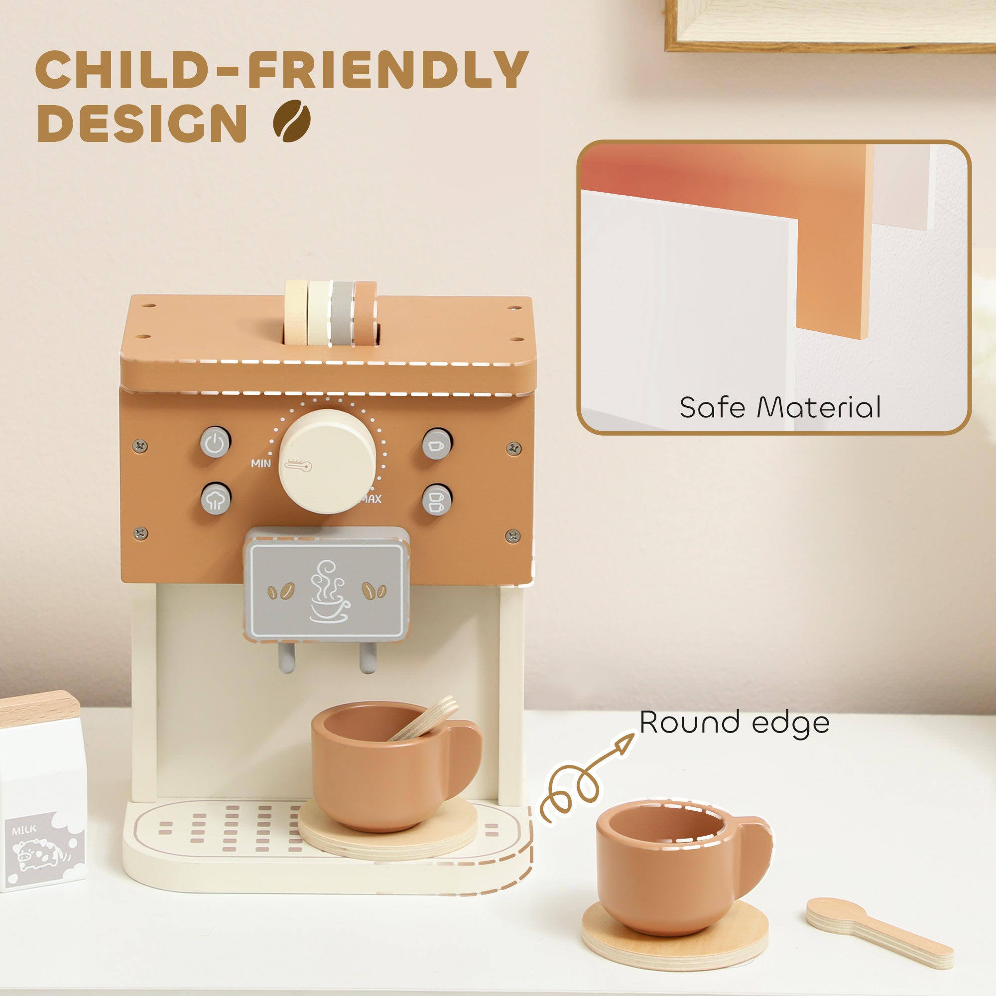 Kozy Kids Wooden Coffee Machine Toy, Pretend Play Kitchen Accessories Gift for Boys and Girls Ages 3+