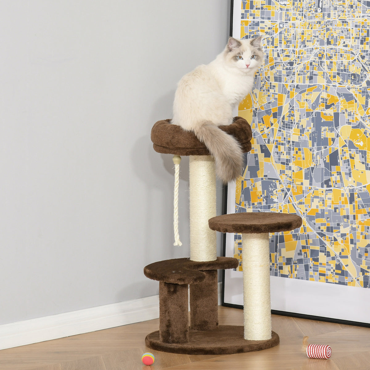 Pawhut 65 cm Cat Tree Cat Scratching Post Kitty Scratcher Kitten Activity Center Scratching Post Playhouse 2 Perch w/Hanging Sisal Rope Brown