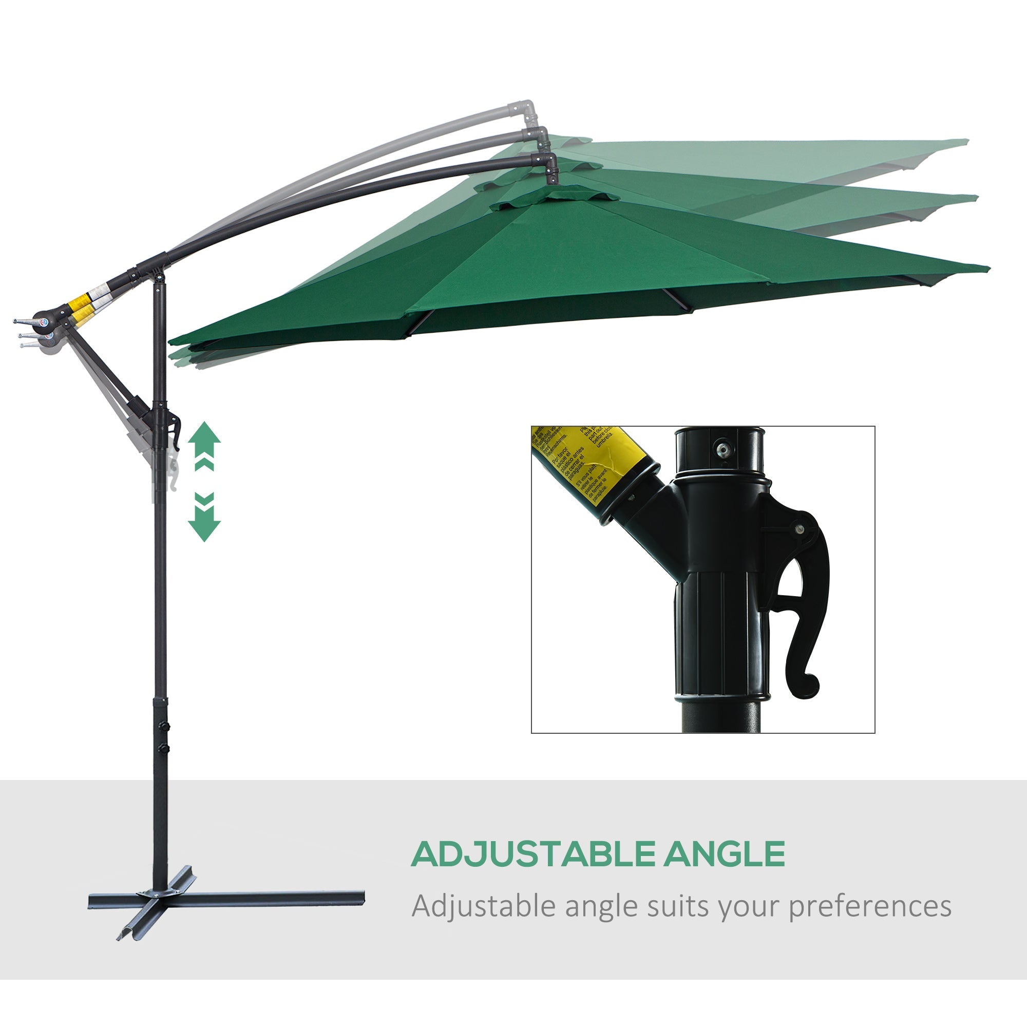 Outsunny Waterproof Banana Cantilever Parasol: 3m Hanging Umbrella with Crank & Cross Base, Outdoor Sun Shelter, Verdant Green | Aosom UK